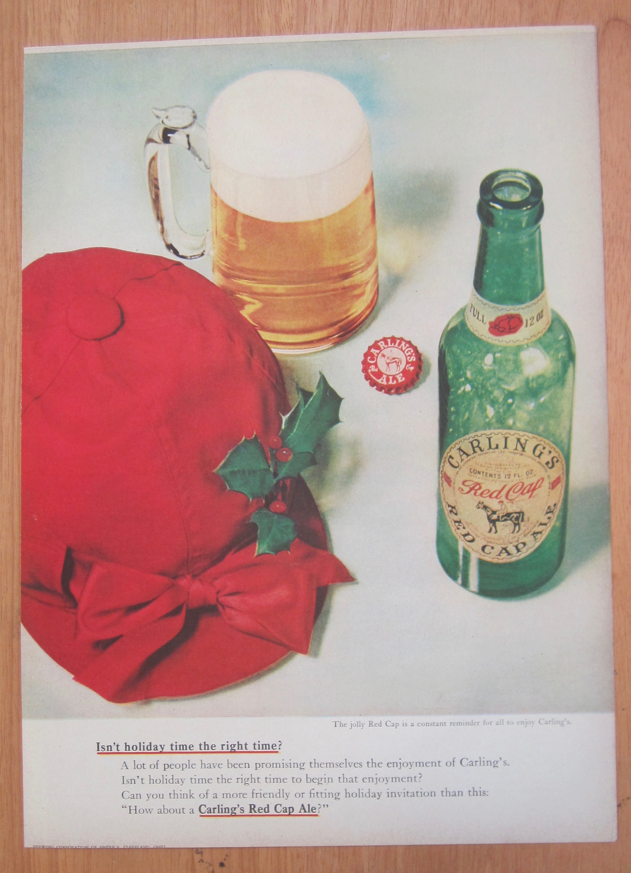 1948 Carlings Red Cap Ale with Bottle, Glass & Red Cap