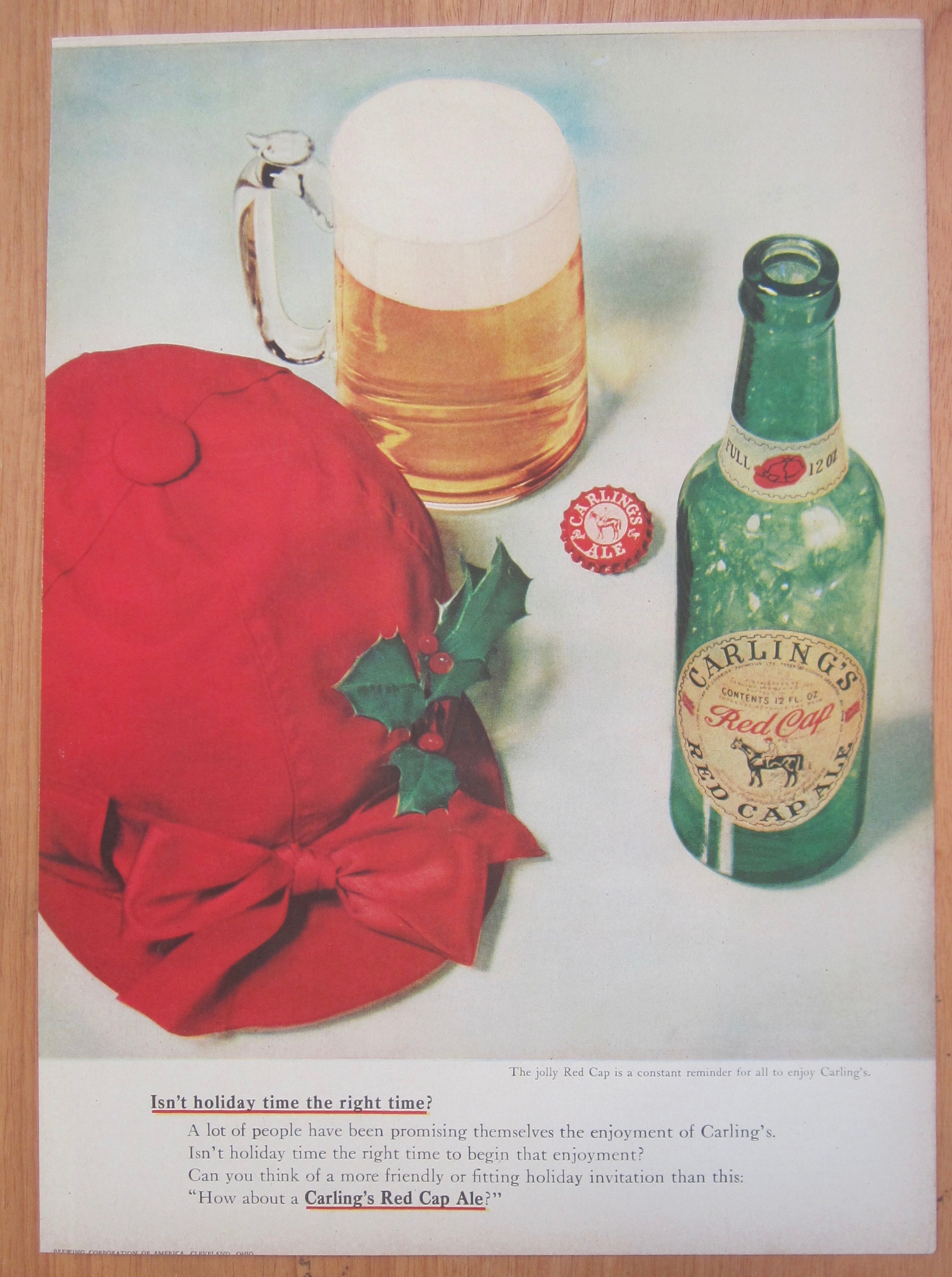 1948 Carlings Red Cap Ale with Bottle, Glass & Red Cap