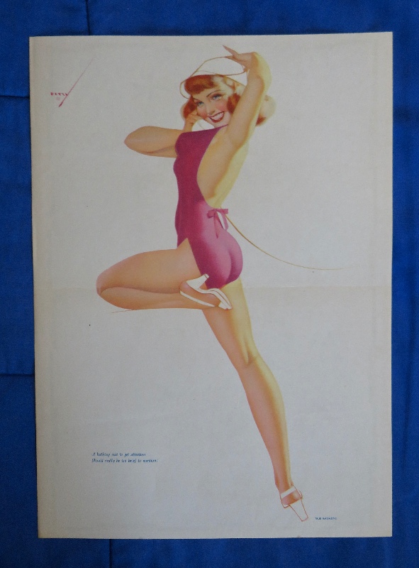 Original 1947 Sexy Pin Up Girl Wearing A Pink Bodysuit & White Hat While Talking On The Telephone By George Petty
