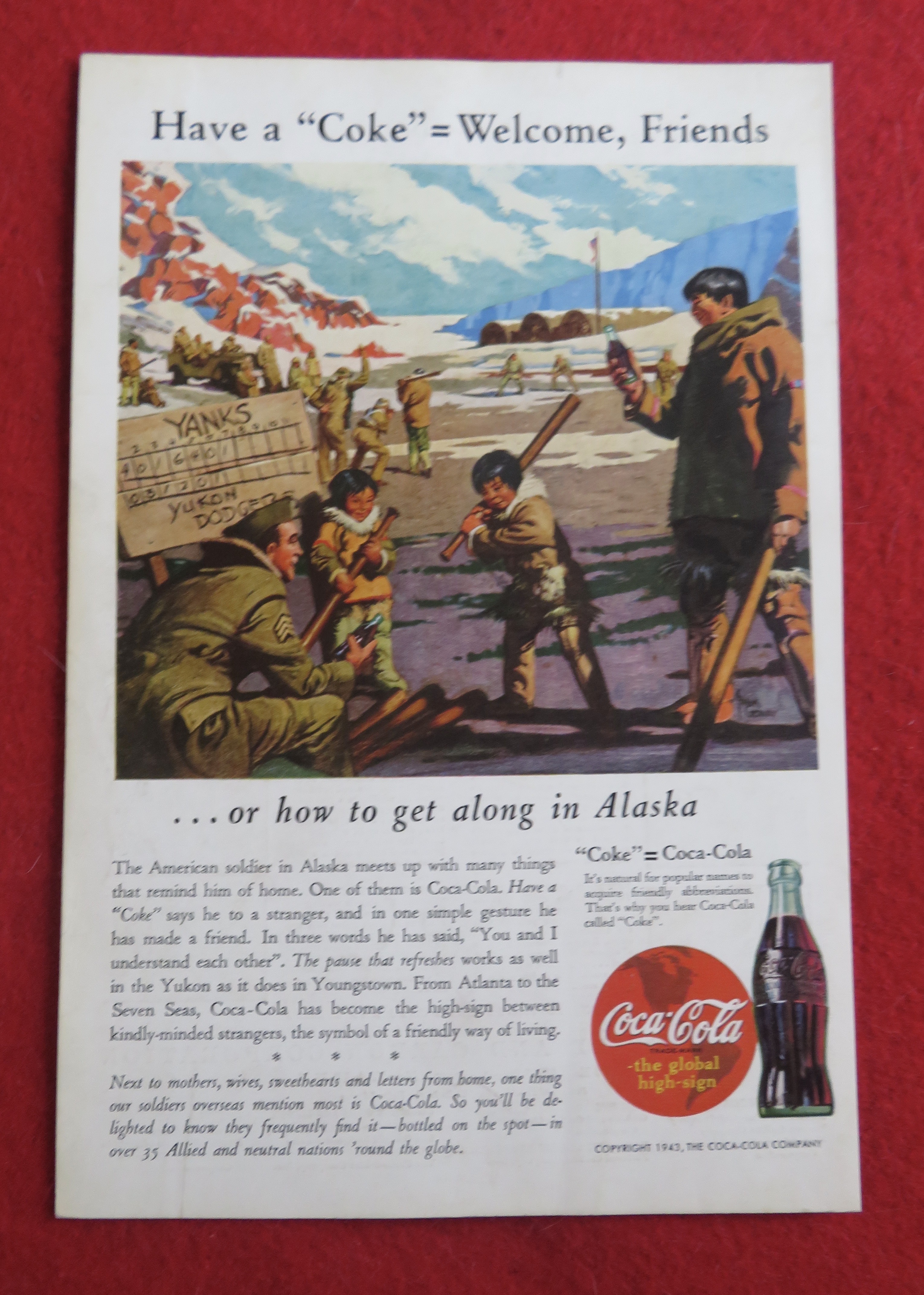 1943 Coca Cola (Coke) with Soldiers Teaching Baseball