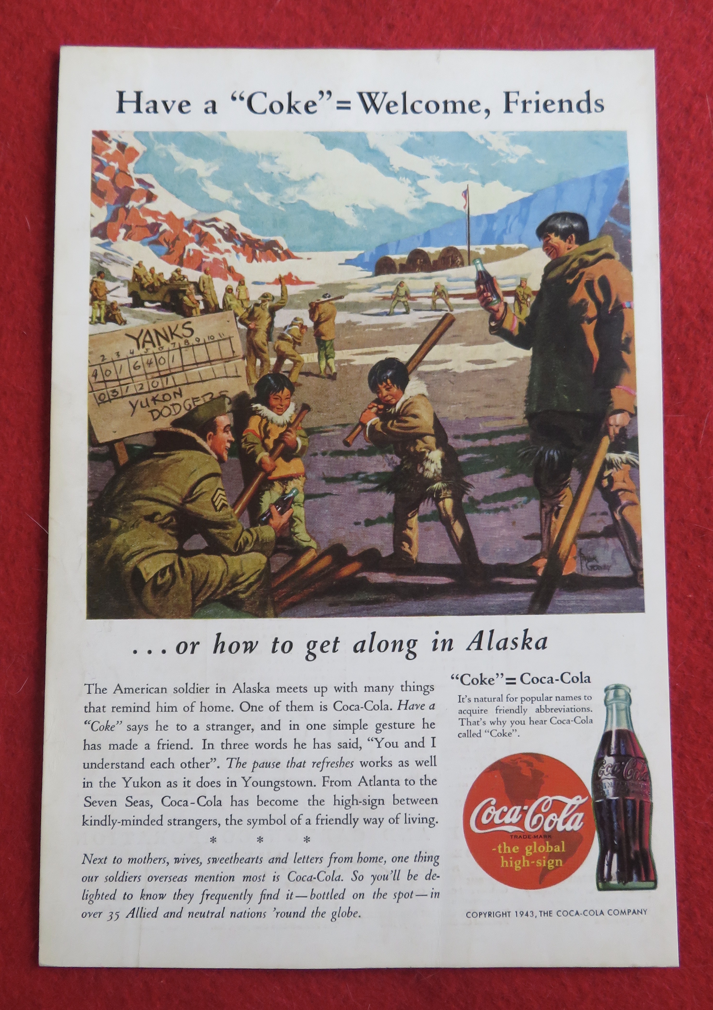 1943 Coca Cola (Coke) with Soldiers Teaching Baseball