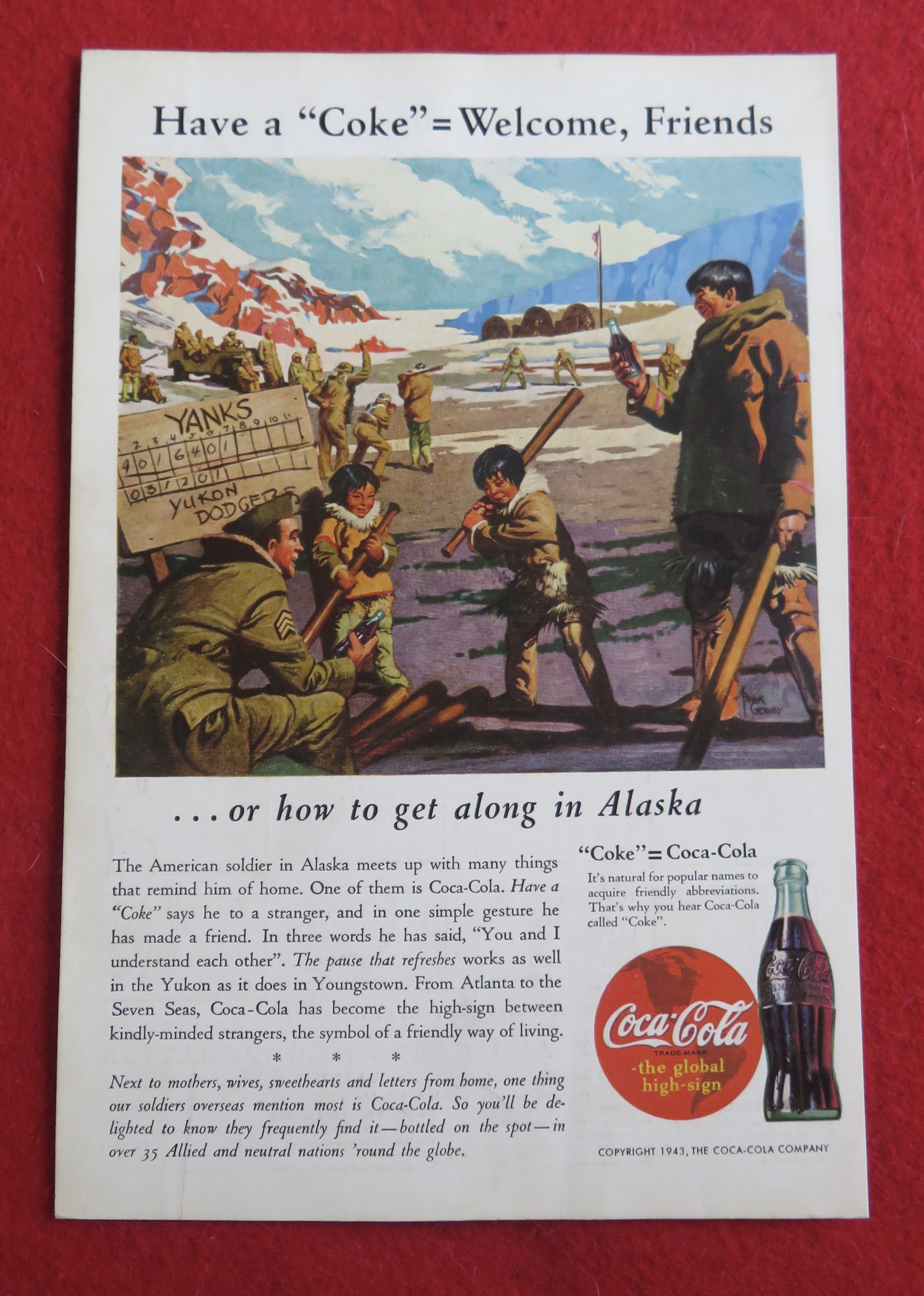 1943 Coca Cola (Coke) with Soldiers Teaching Baseball