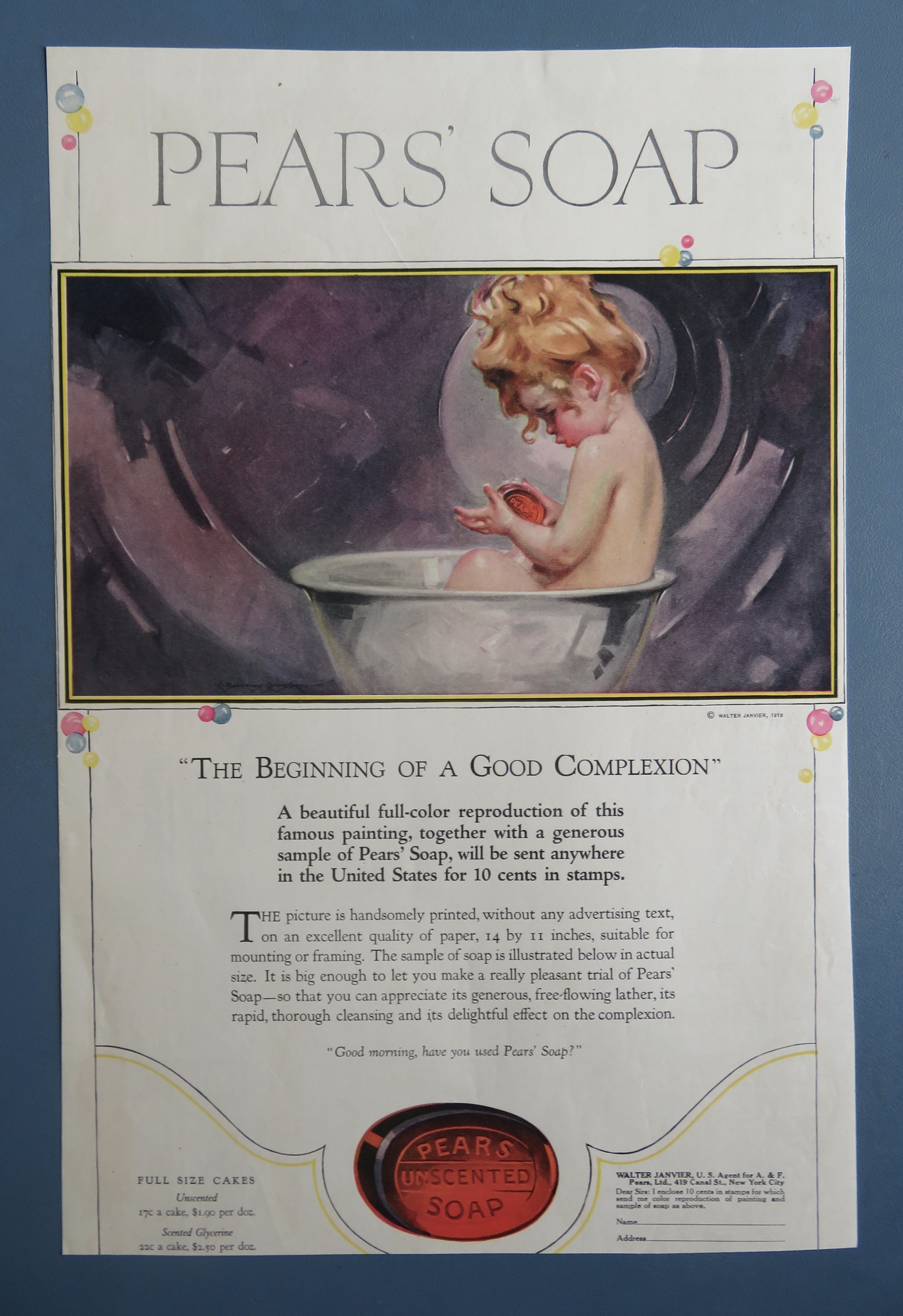 1918 Pears' Soap with Little Girl Bathing In Bucket