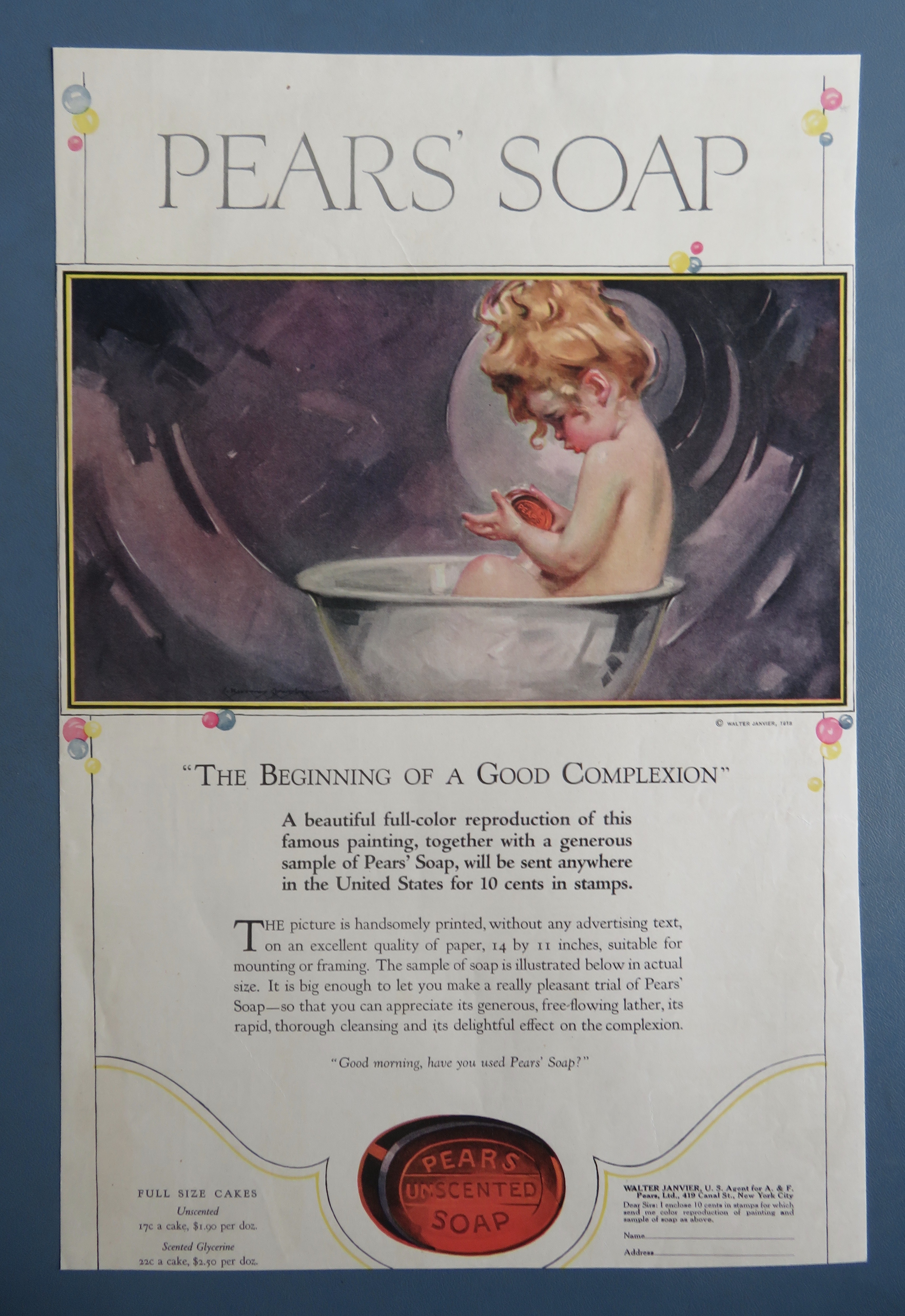 1918 Pears' Soap with Little Girl Bathing In Bucket