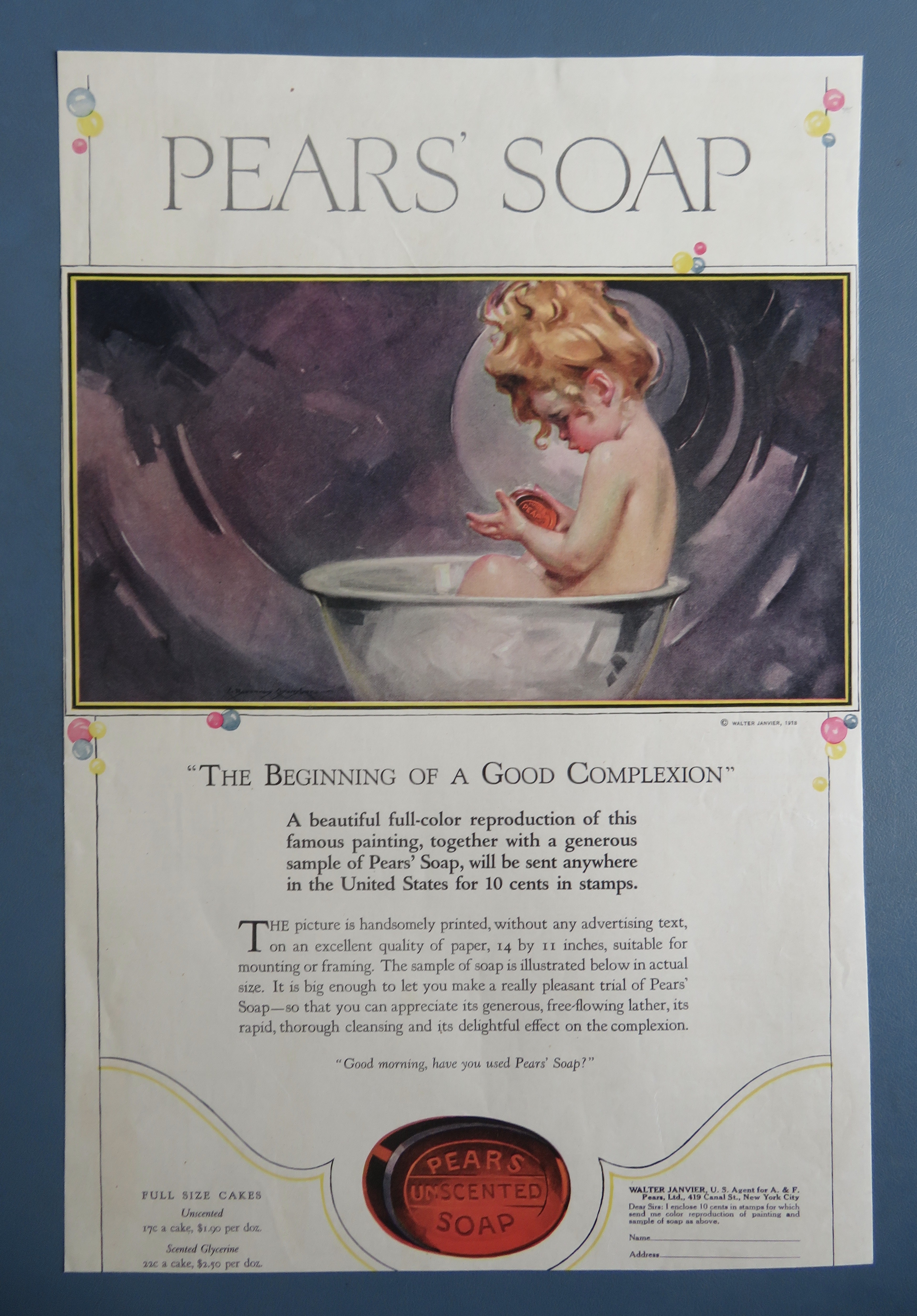 1918 Pears' Soap with Little Girl Bathing In Bucket