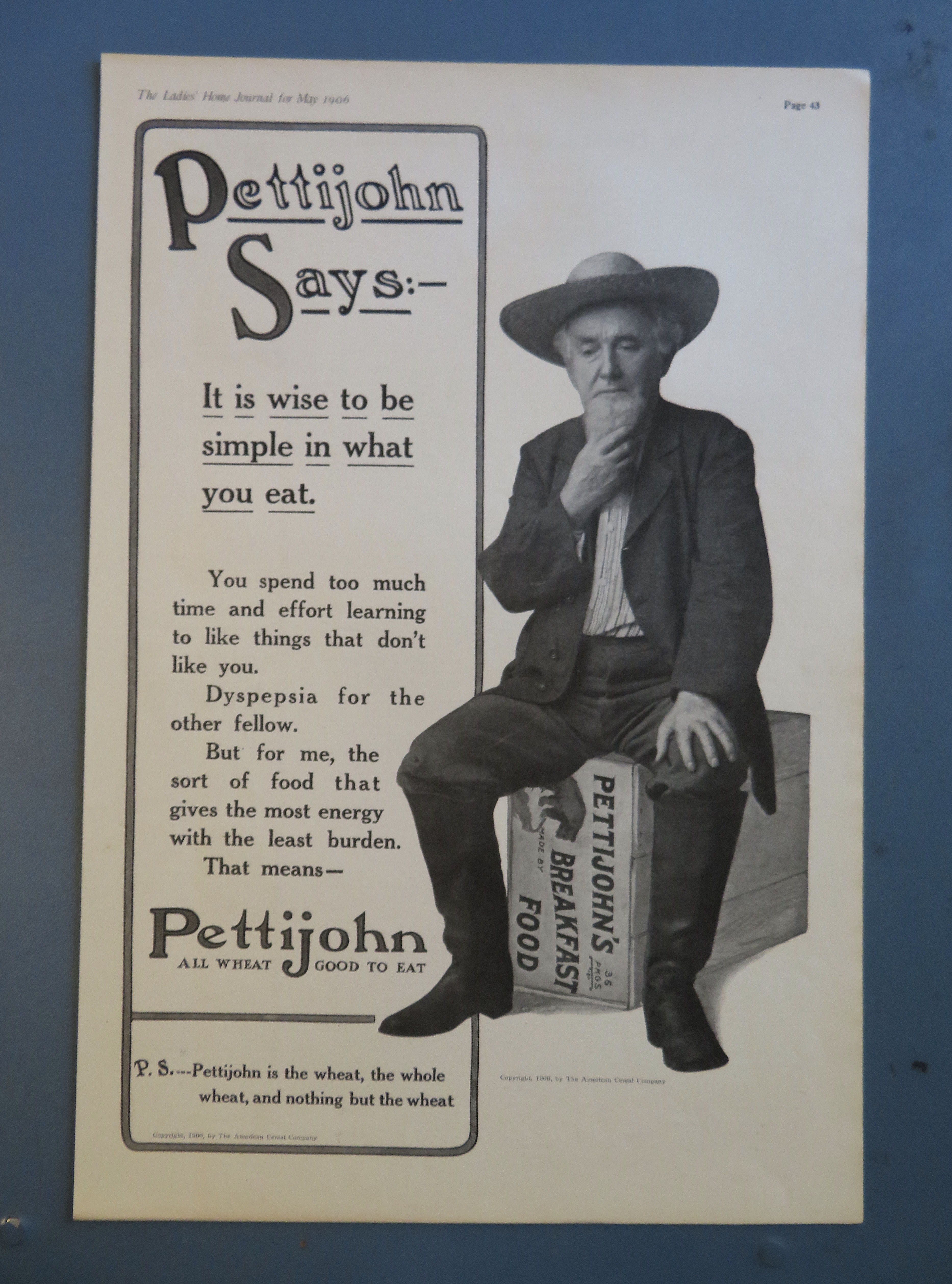 1906 Pettijohn's Breakfast Food with Man Sitting