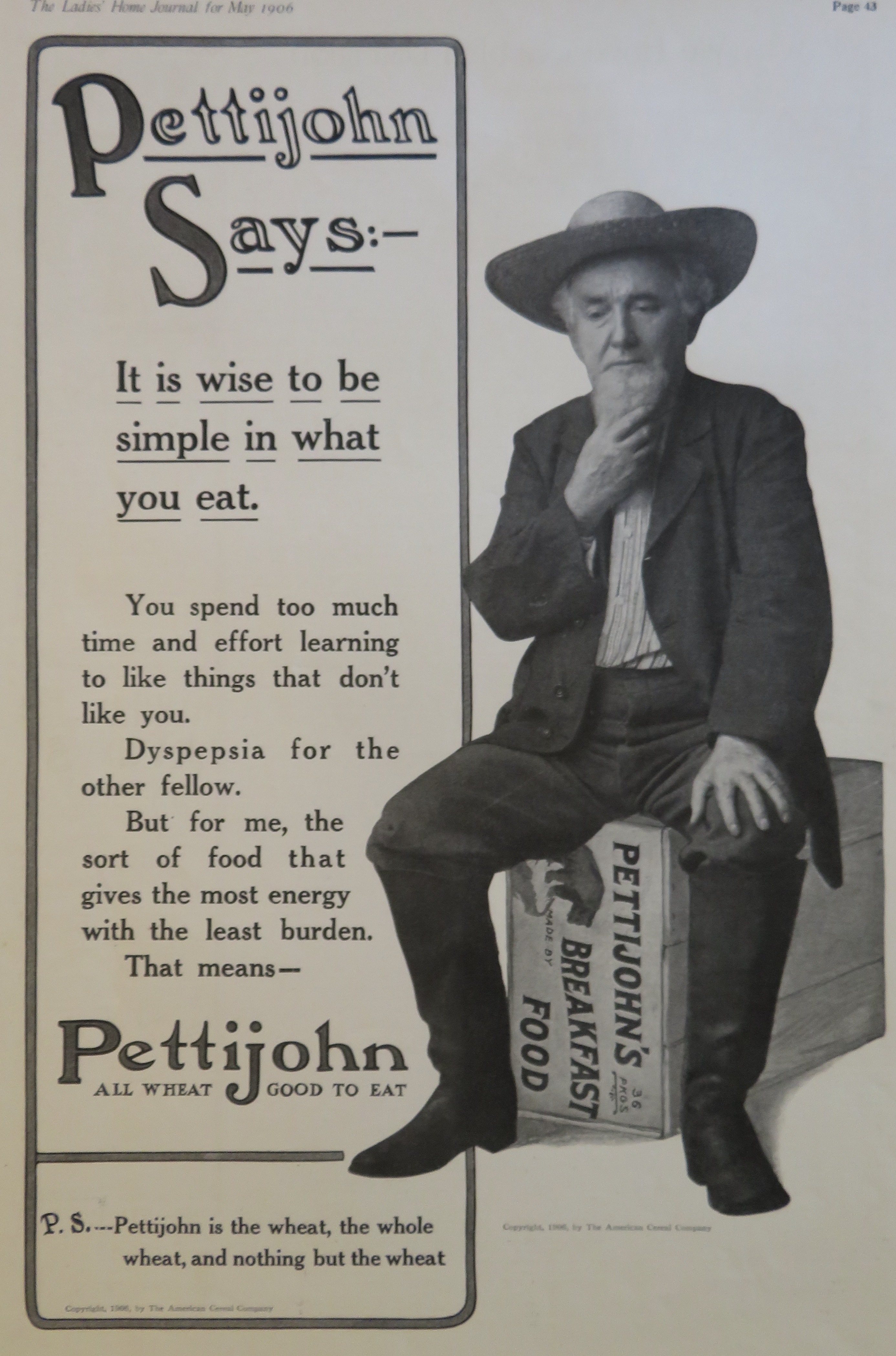 1906 Pettijohn's Breakfast Food with Man Sitting