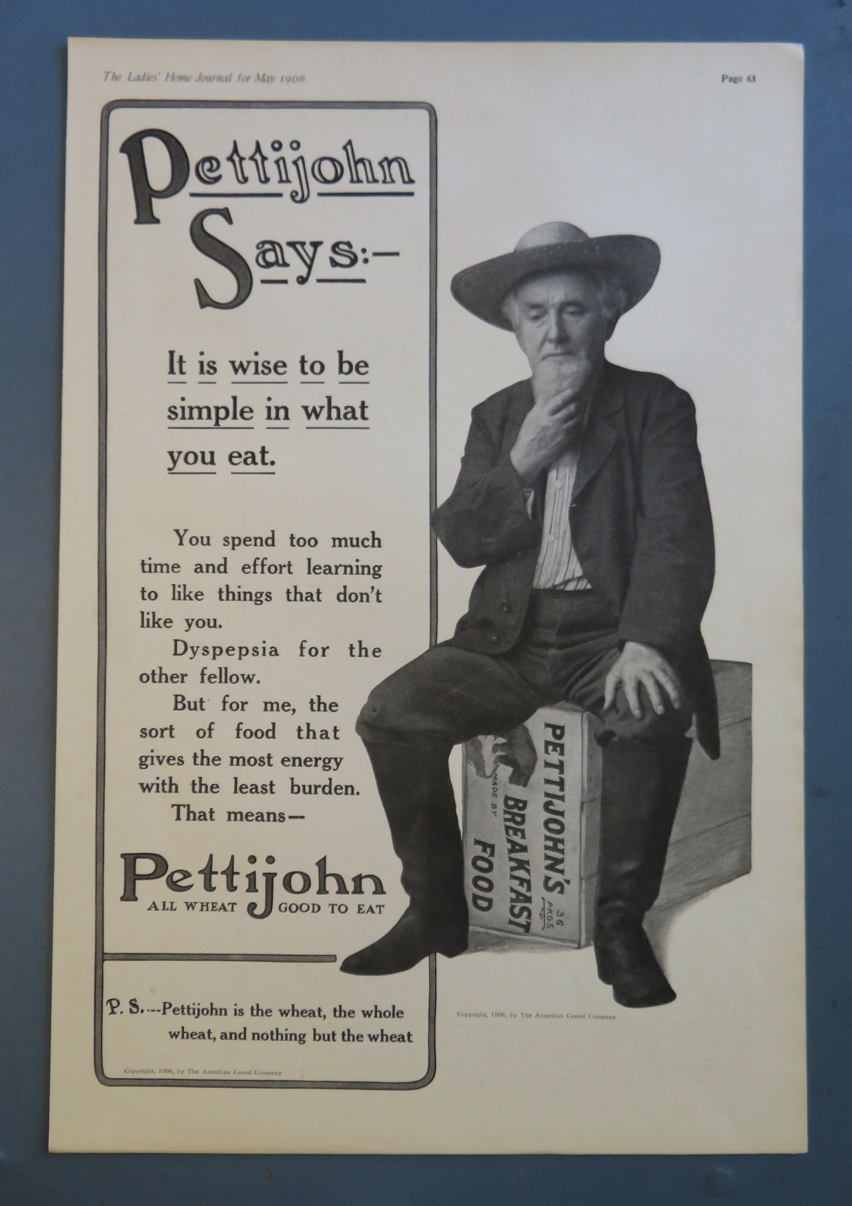 1906 Pettijohn's Breakfast Food with Man Sitting