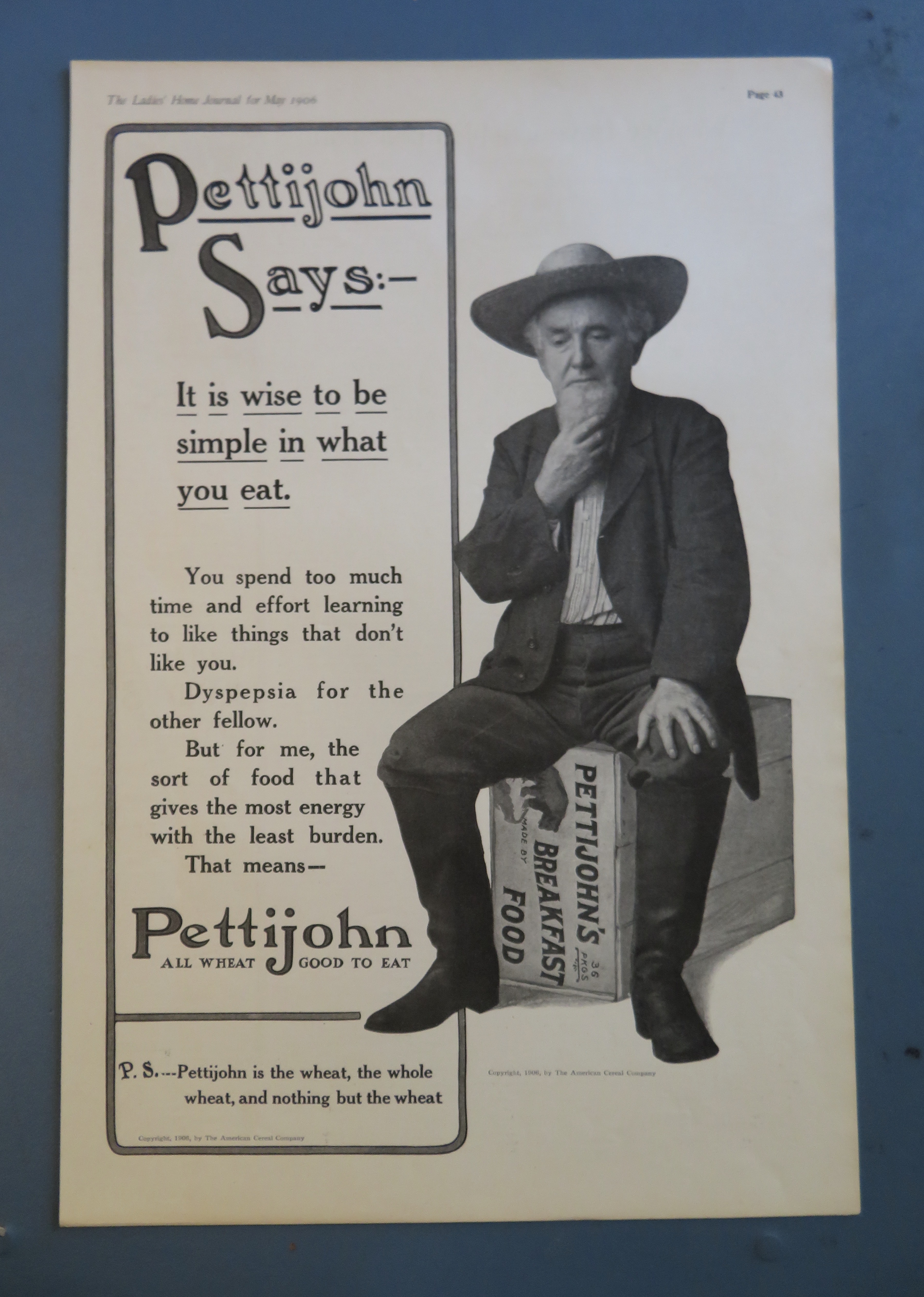 1906 Pettijohn's Breakfast Food with Man Sitting