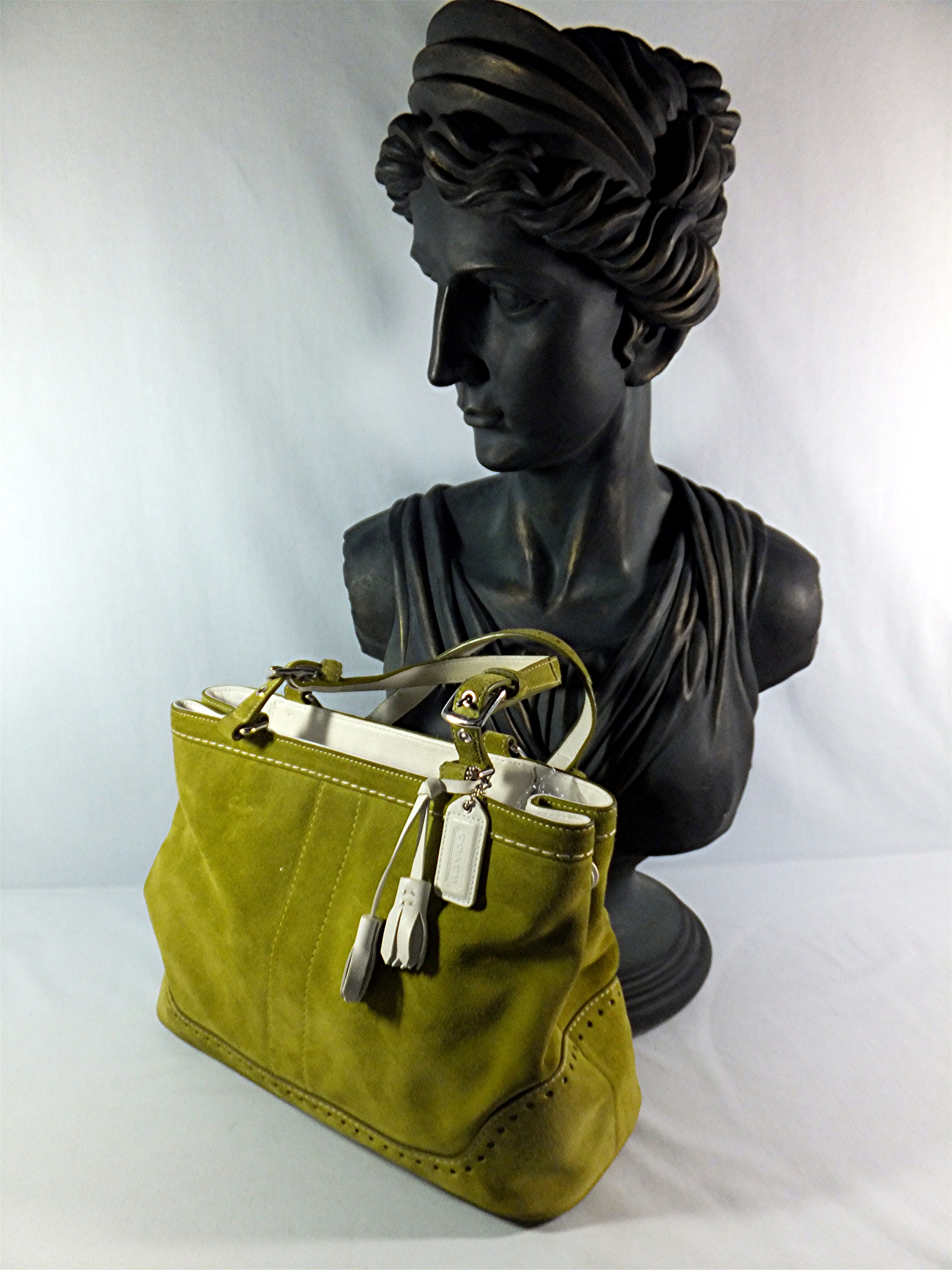 Coach Lime Green Suede White Leather Tassels