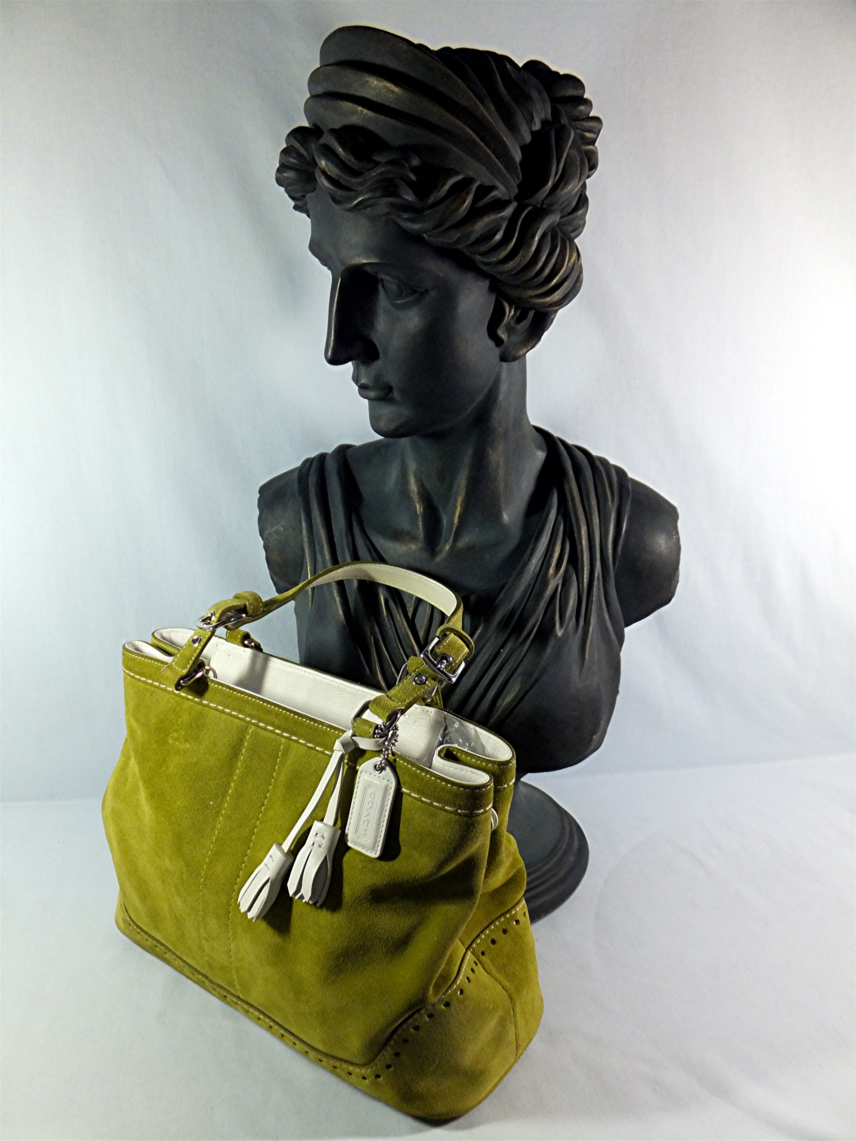 Coach Lime Green Suede White Leather Tassels