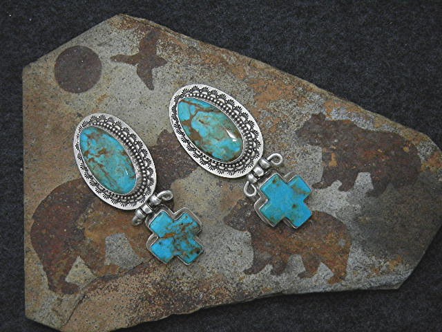 David Troutman Sterling Silver Turquoise Cross Earrings