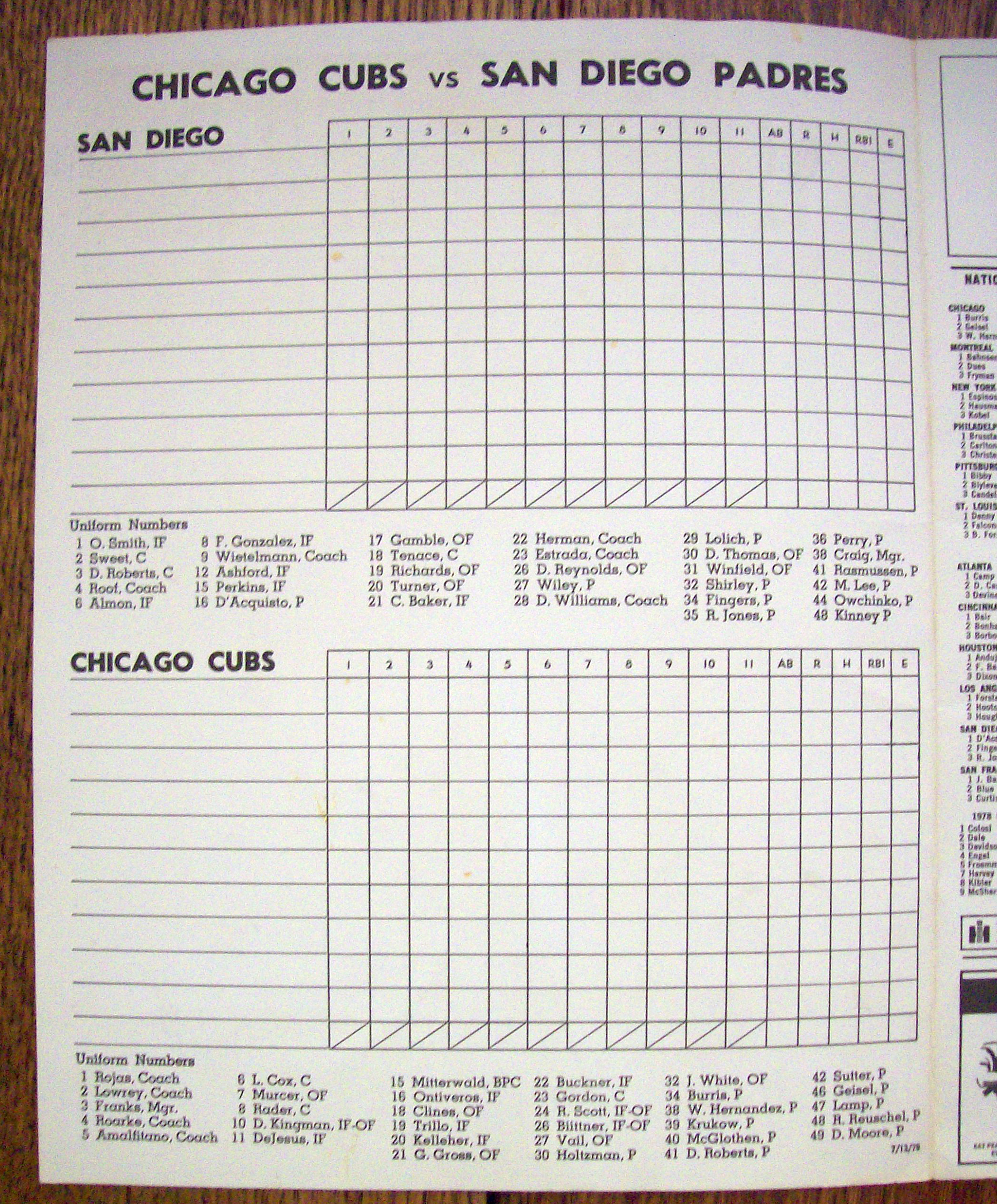 Chicago Cubs Official Program 1978 San Diego Padres
