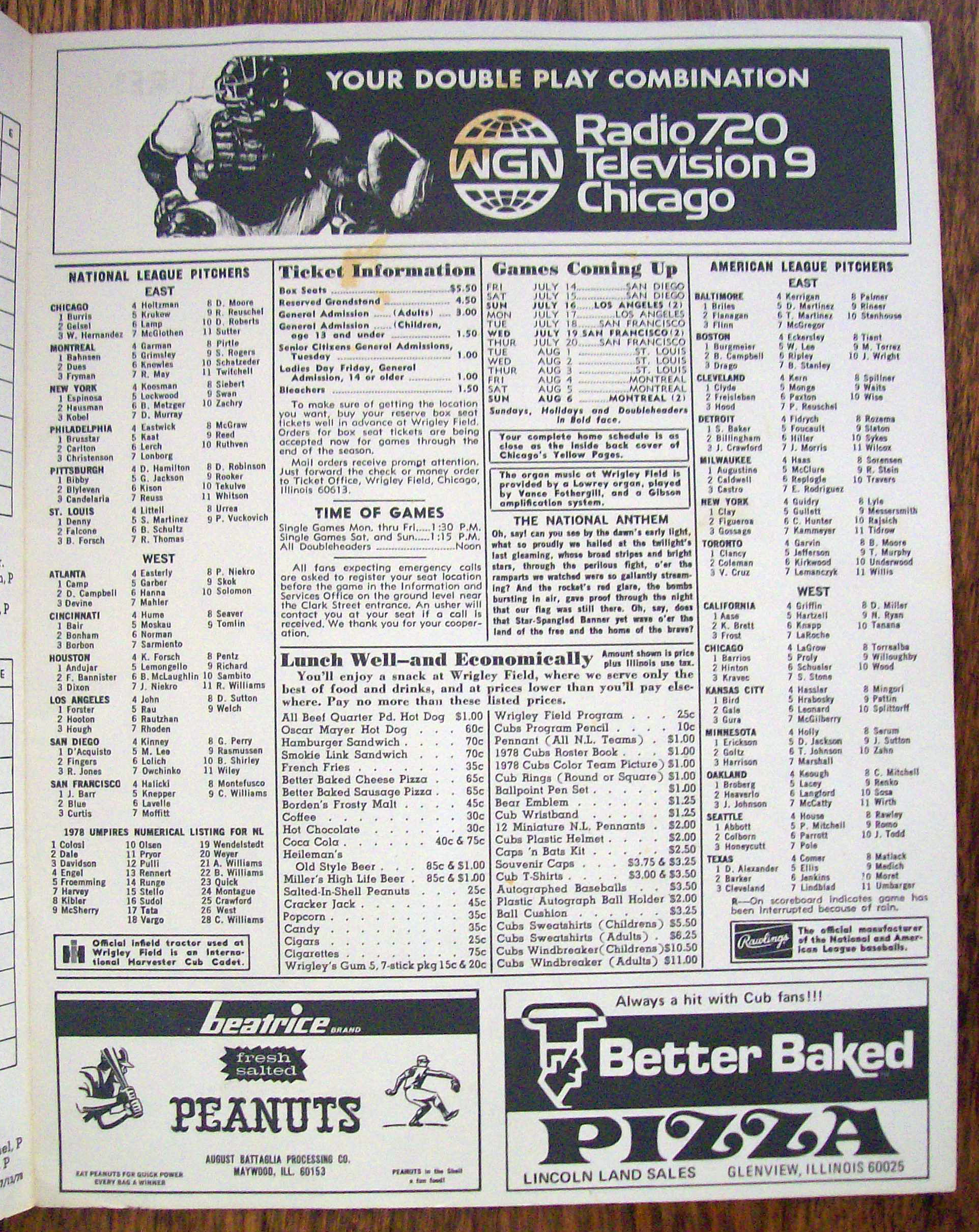 Chicago Cubs Official Program 1978 San Diego Padres