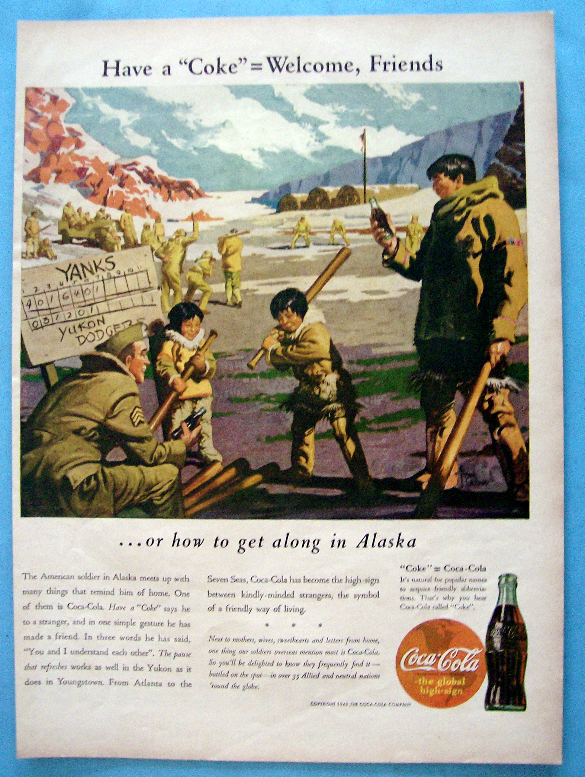 1943 Coca Cola (Coke) with Soldiers Teaching Baseball