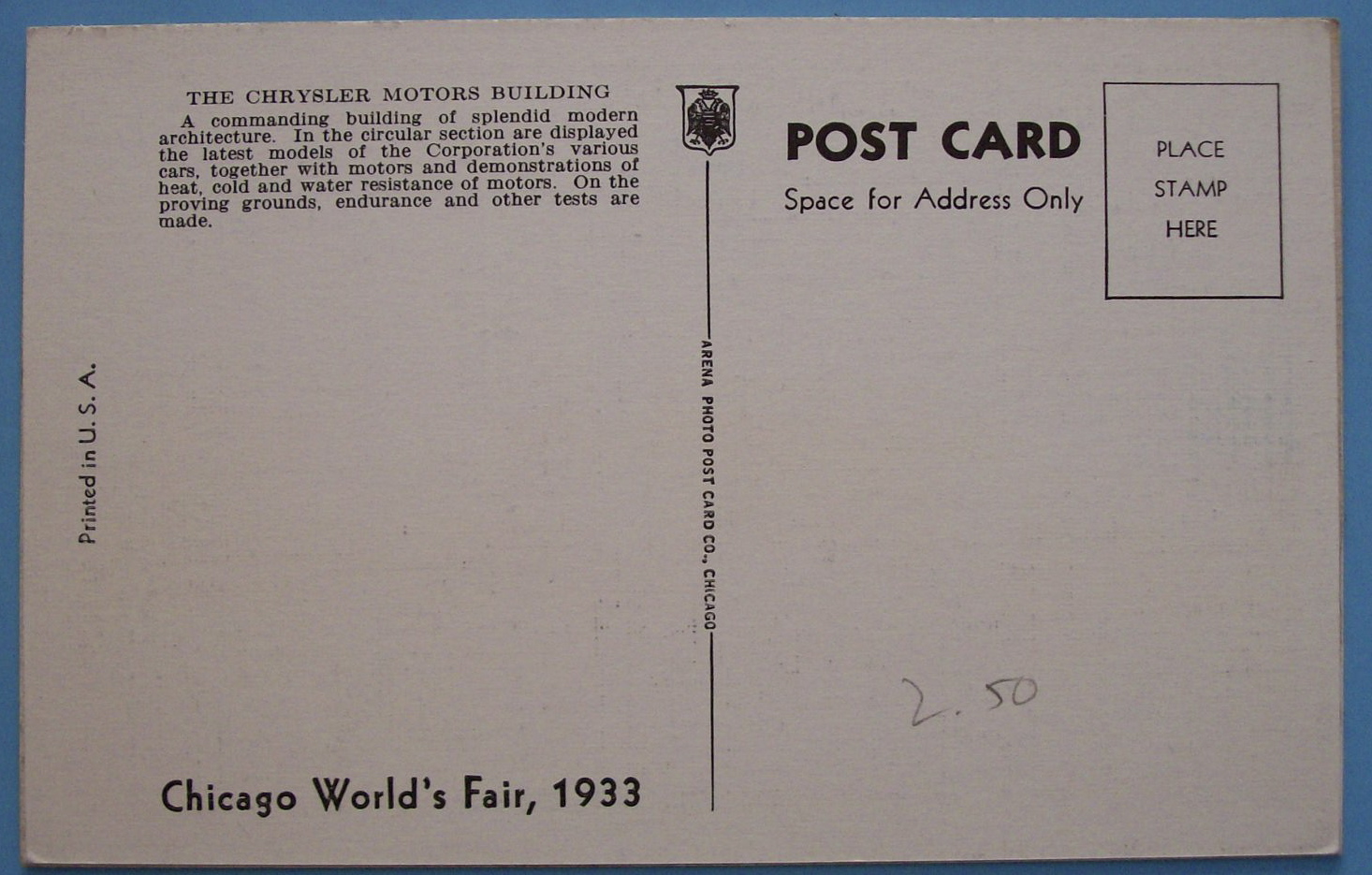 1933 Century Of Progress Chrysler Motors Bldg Postcard
