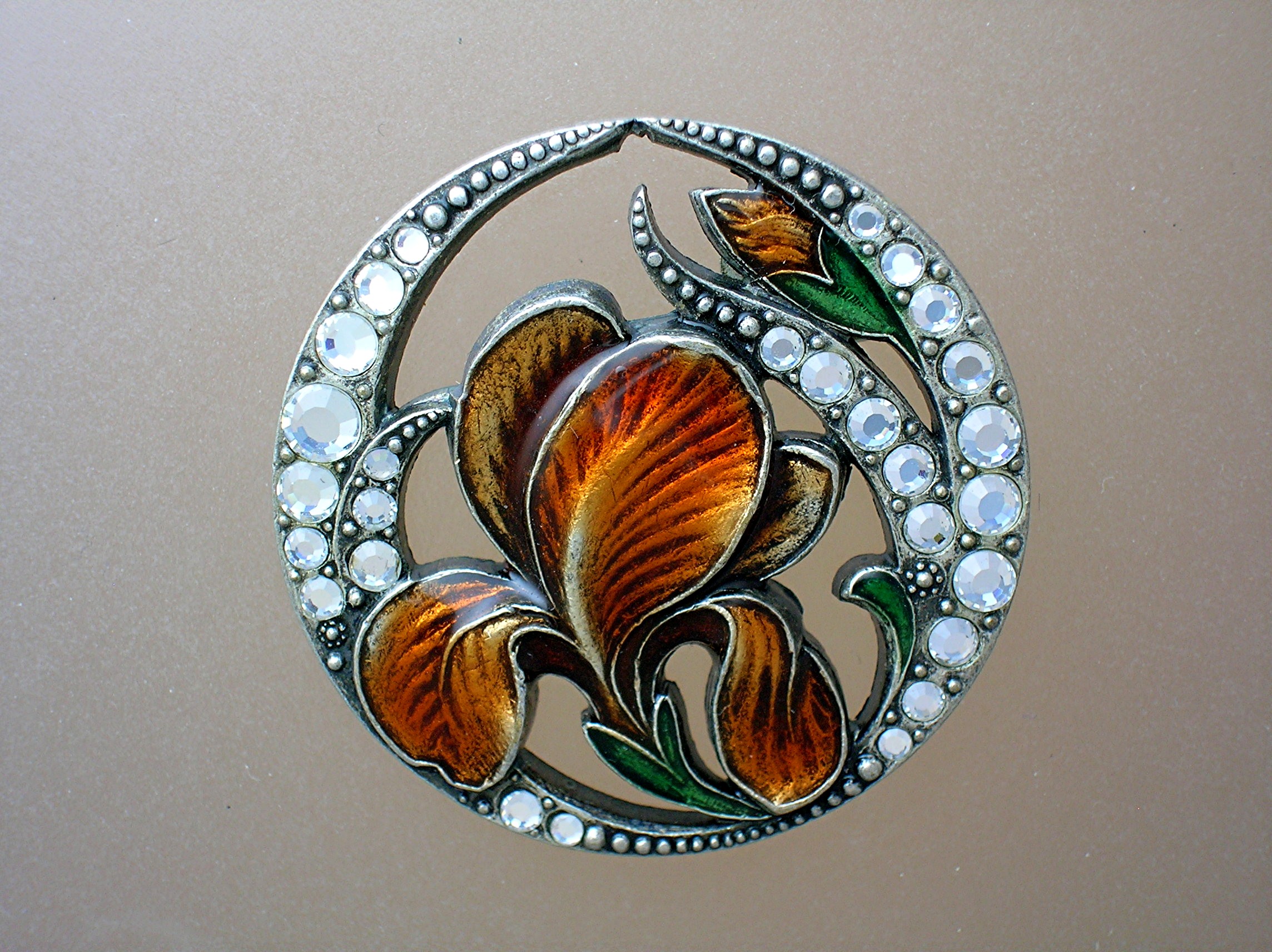 Catherine Popesco France Enamel Crystal Pewter Brooch