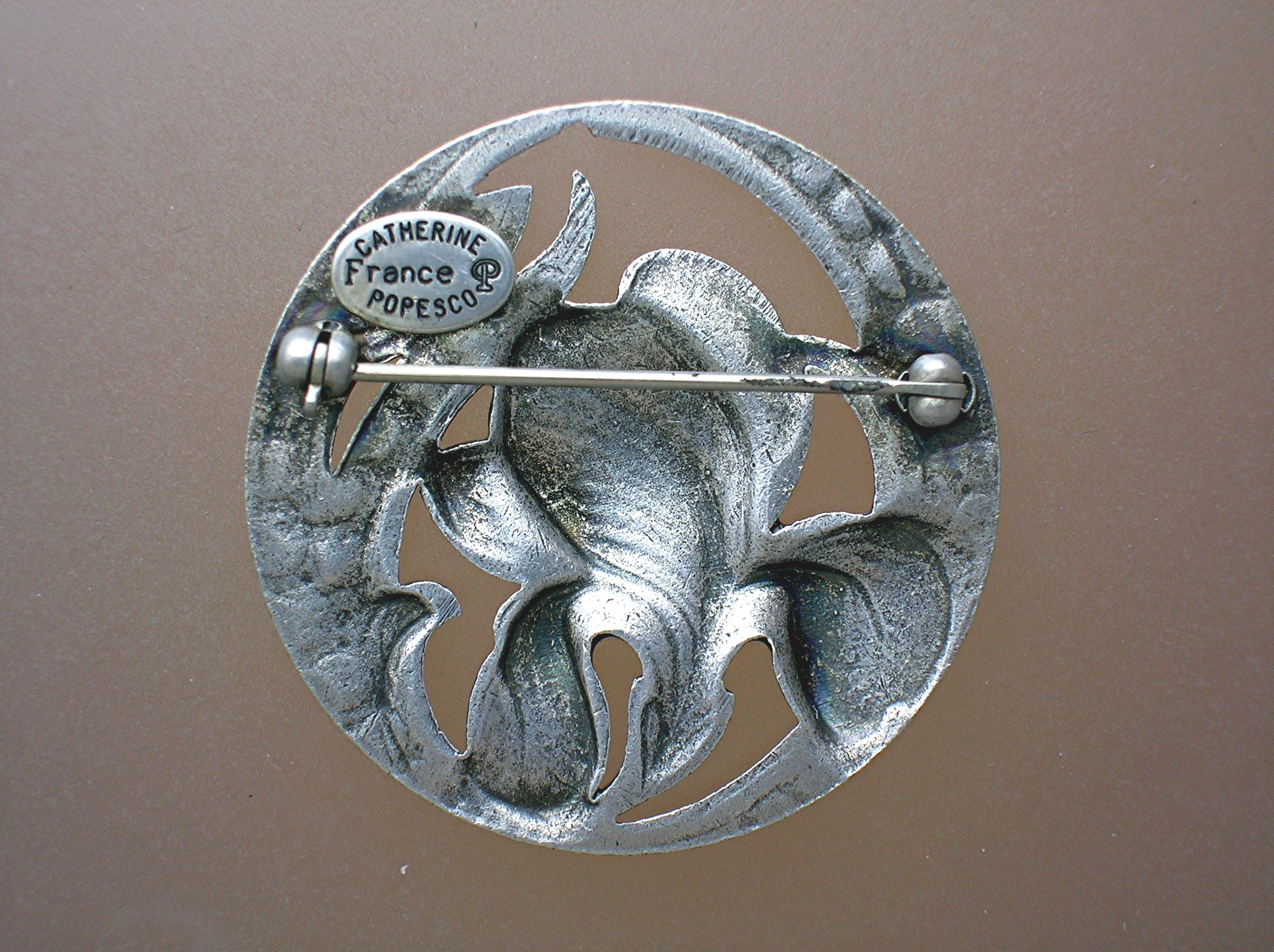 Catherine Popesco France Enamel Crystal Pewter Brooch