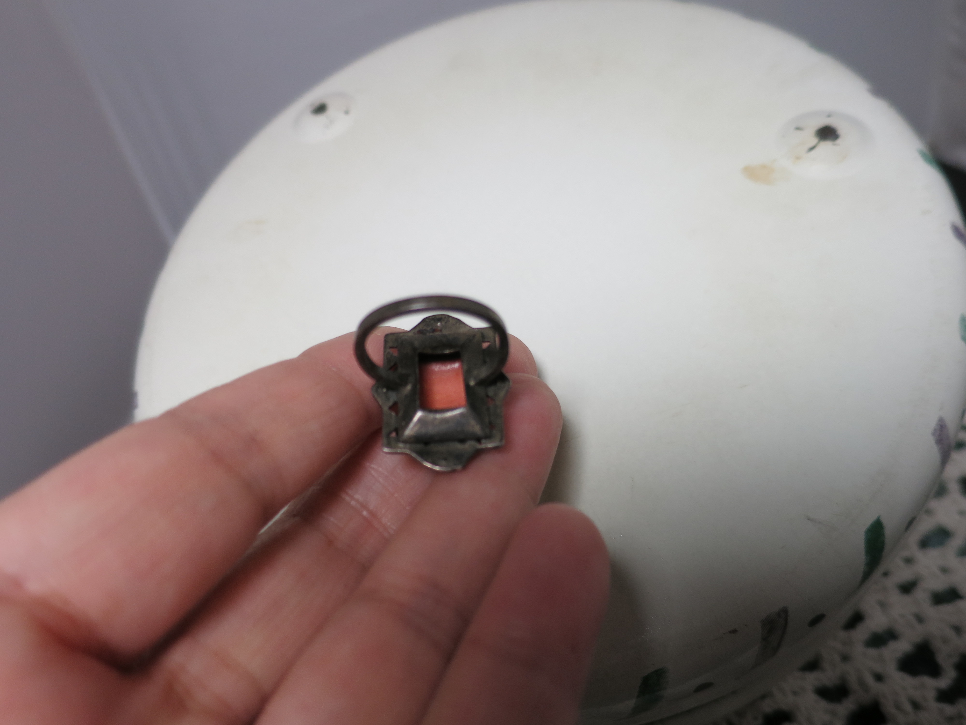 Art Deco Coral Carved Sterling Ring size 4 with Marcacites