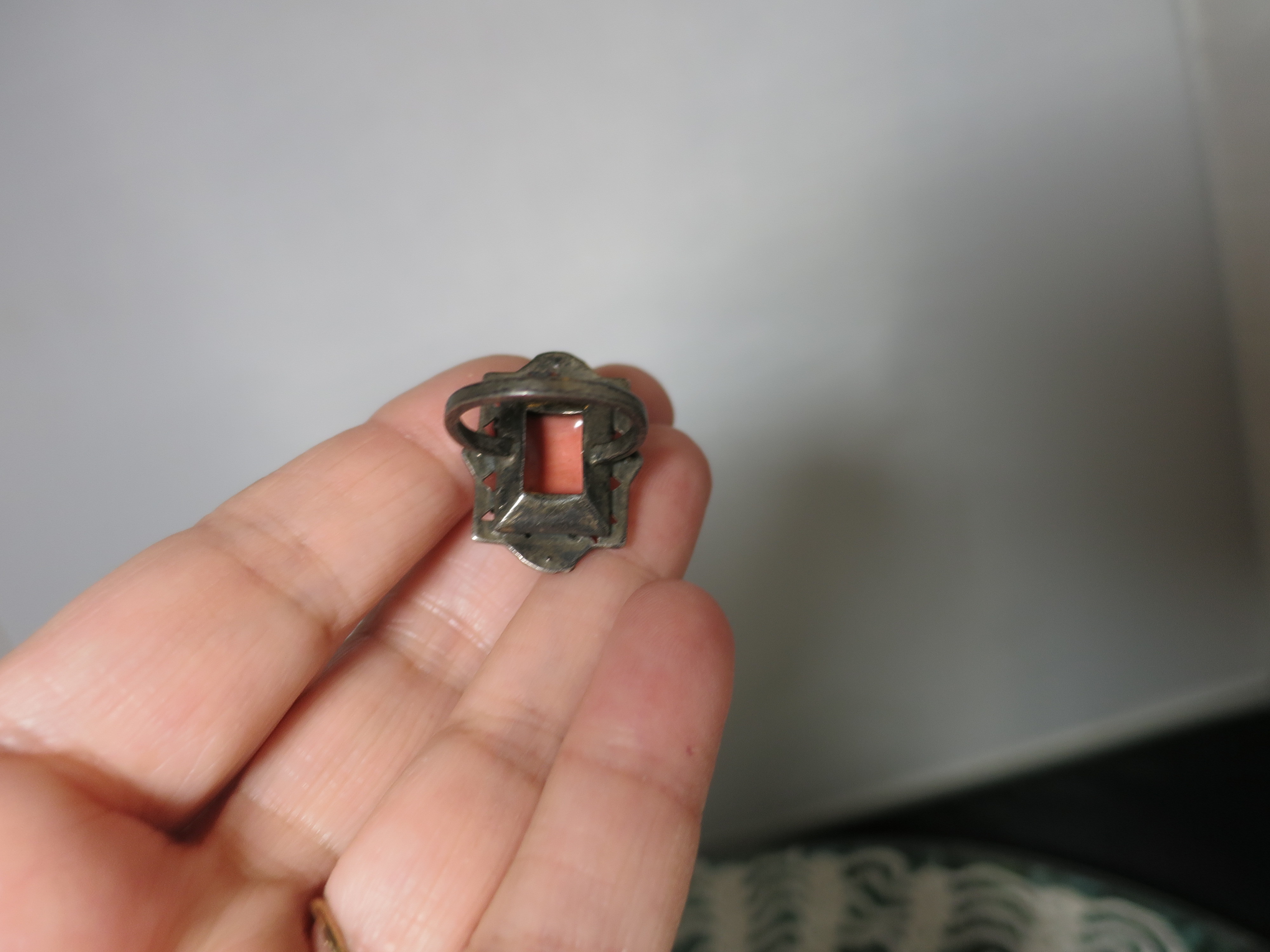 Art Deco Coral Carved Sterling Ring size 4 with Marcacites