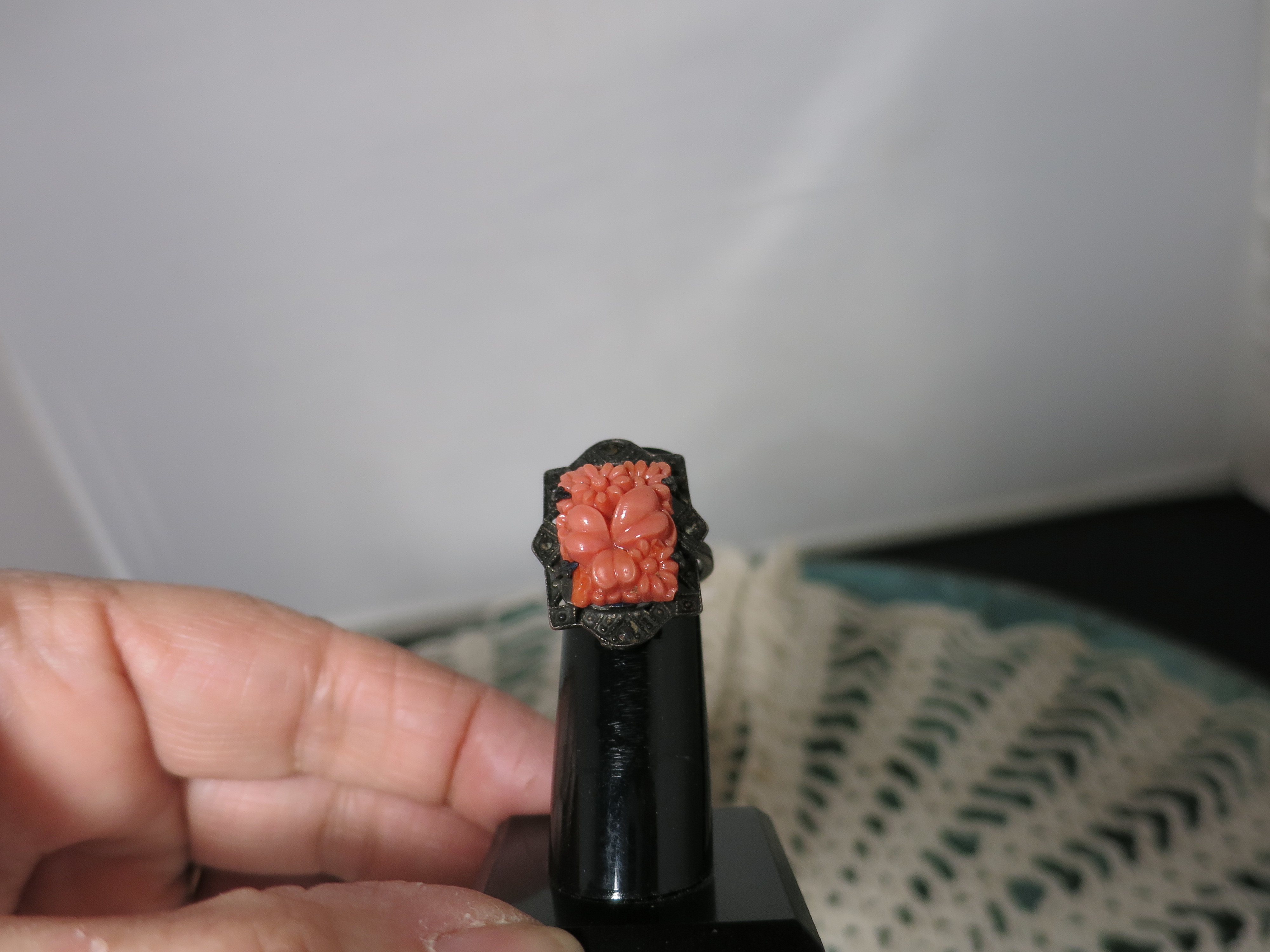Art Deco Coral Carved Sterling Ring size 4 with Marcacites