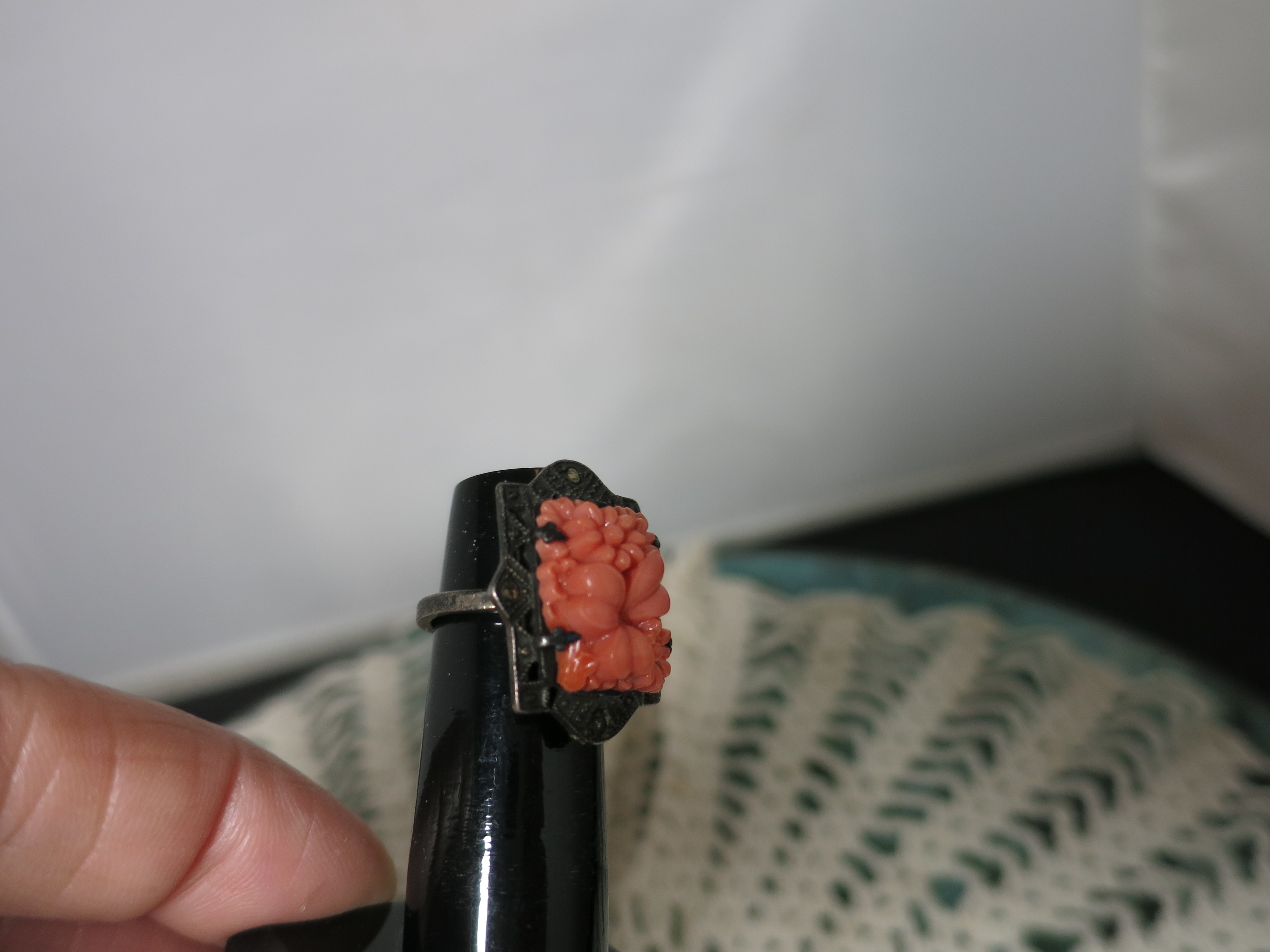 Art Deco Coral Carved Sterling Ring size 4 with Marcacites