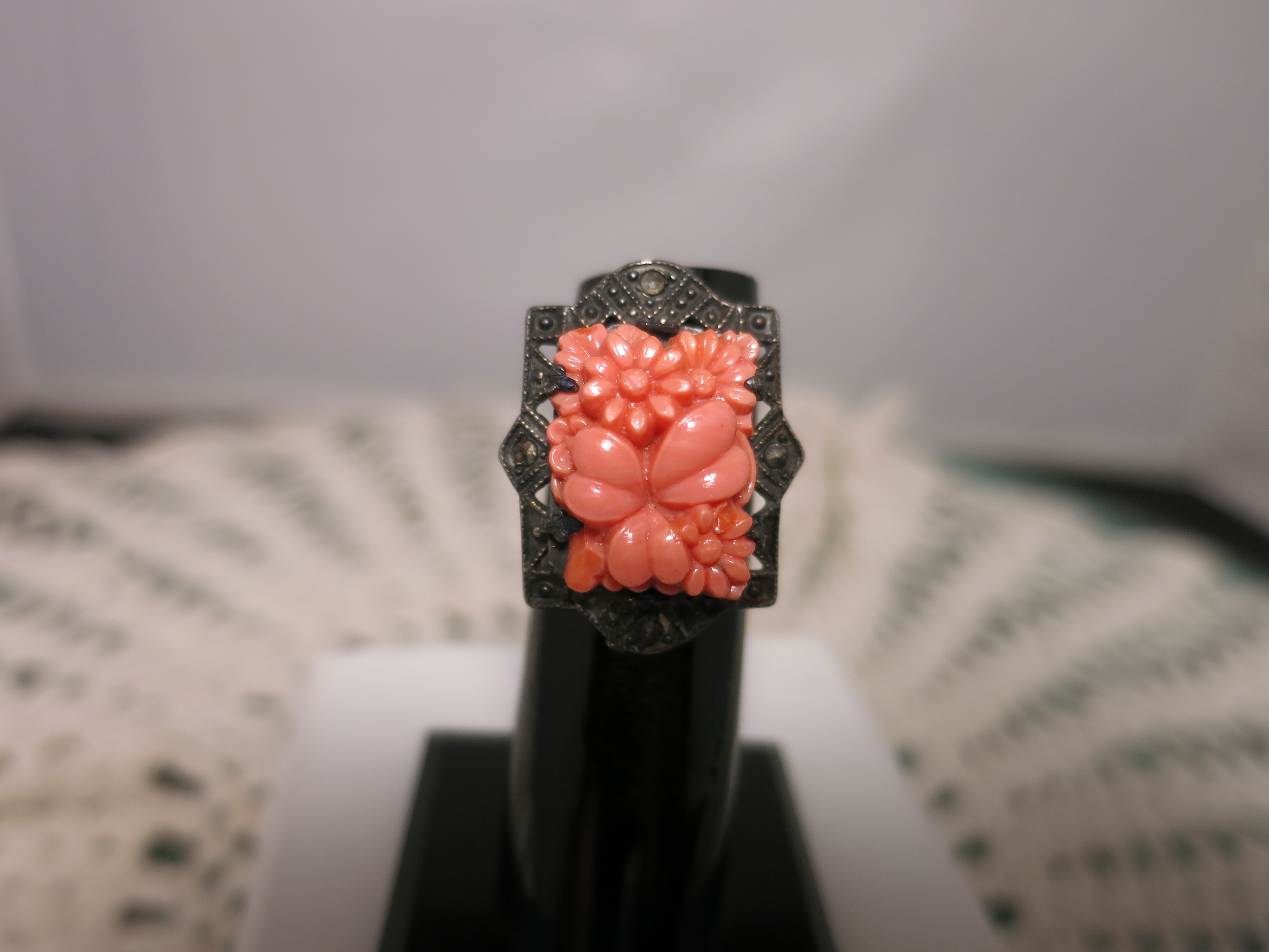 Art Deco Coral Carved Sterling Ring size 4 with Marcacites