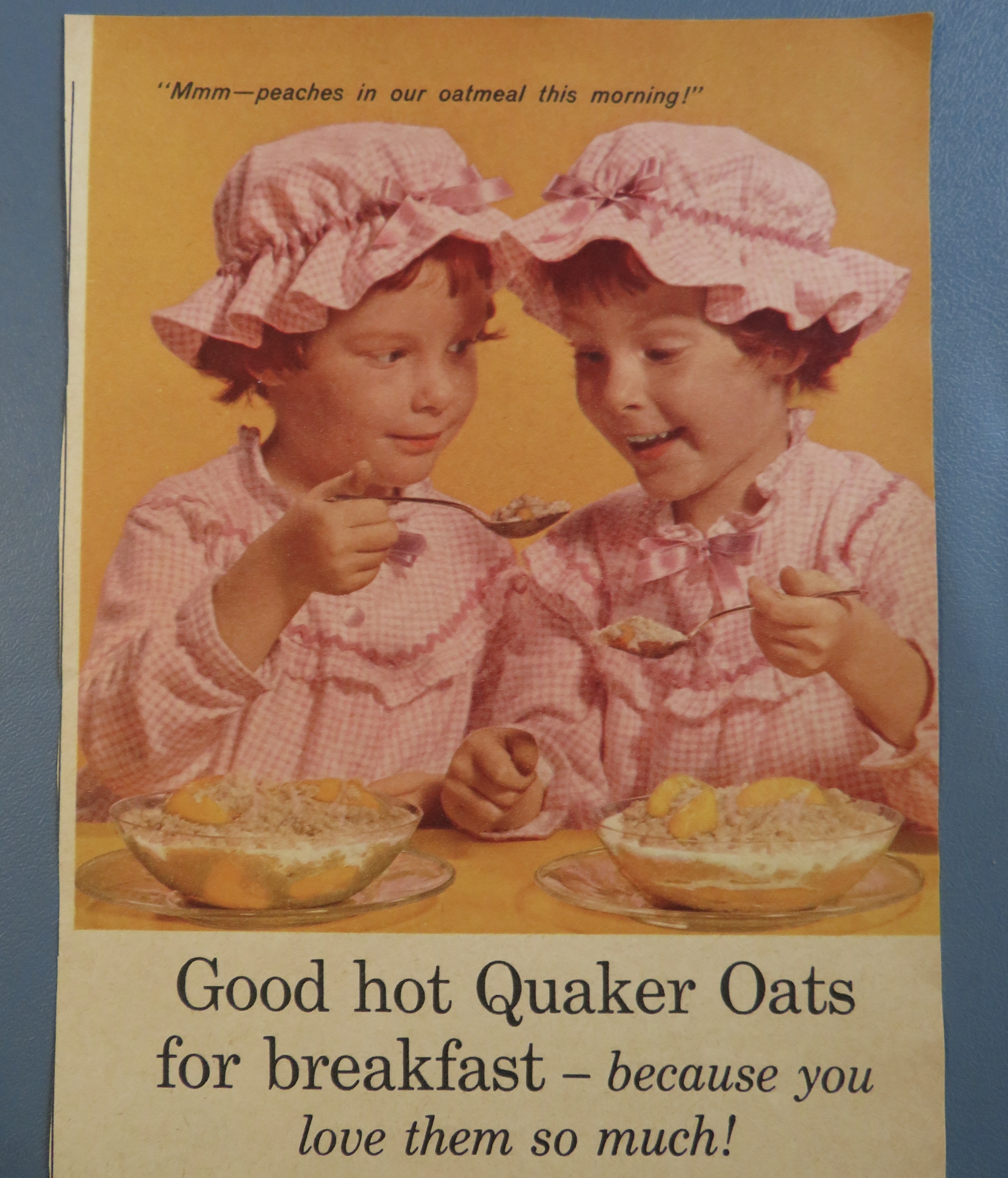 1960 Quaker Oats Cereal with Twin Girls Eating Cereal