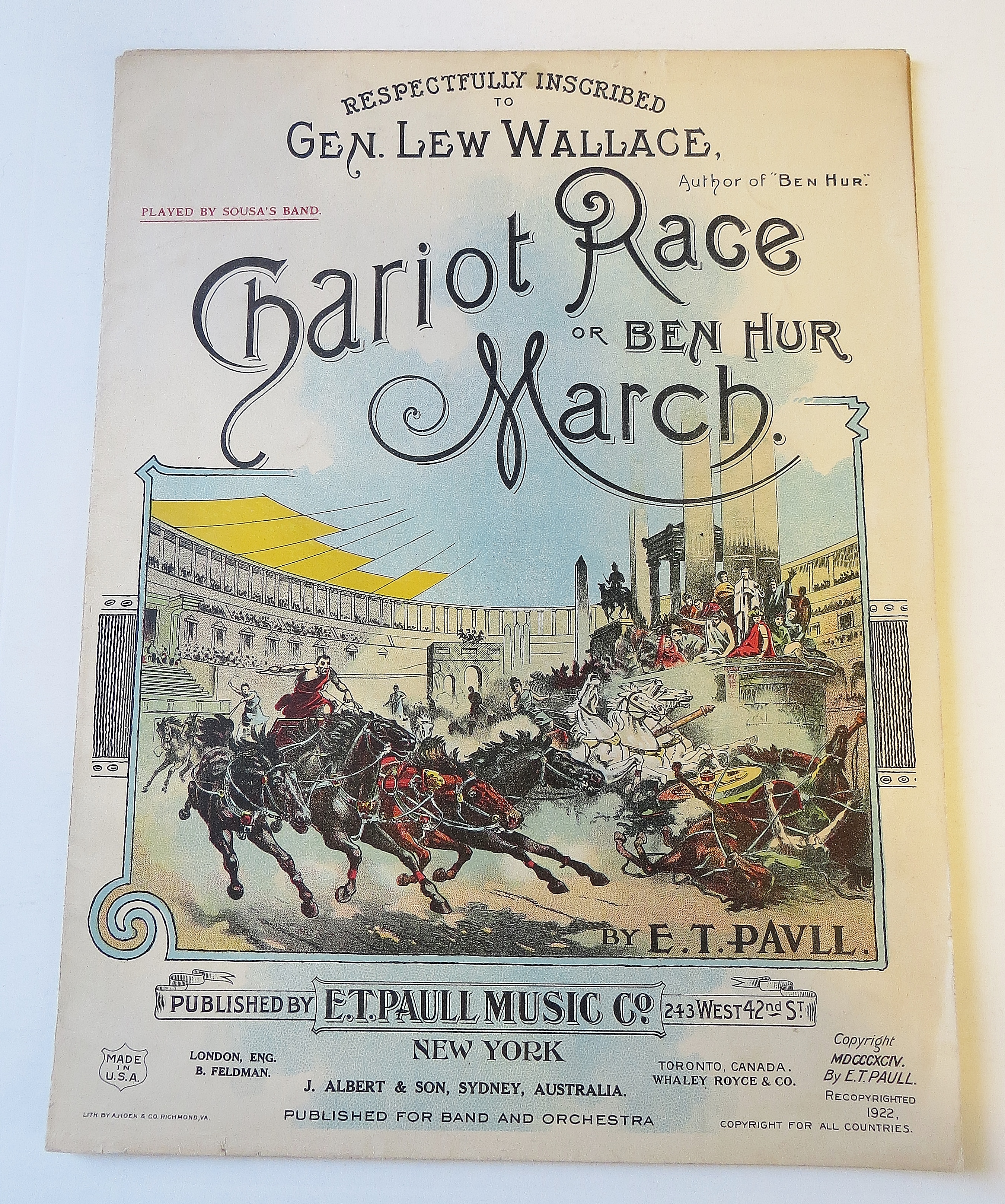 1932 Chariot Race/ Ben Hur March E.T. Paull Sheet Music