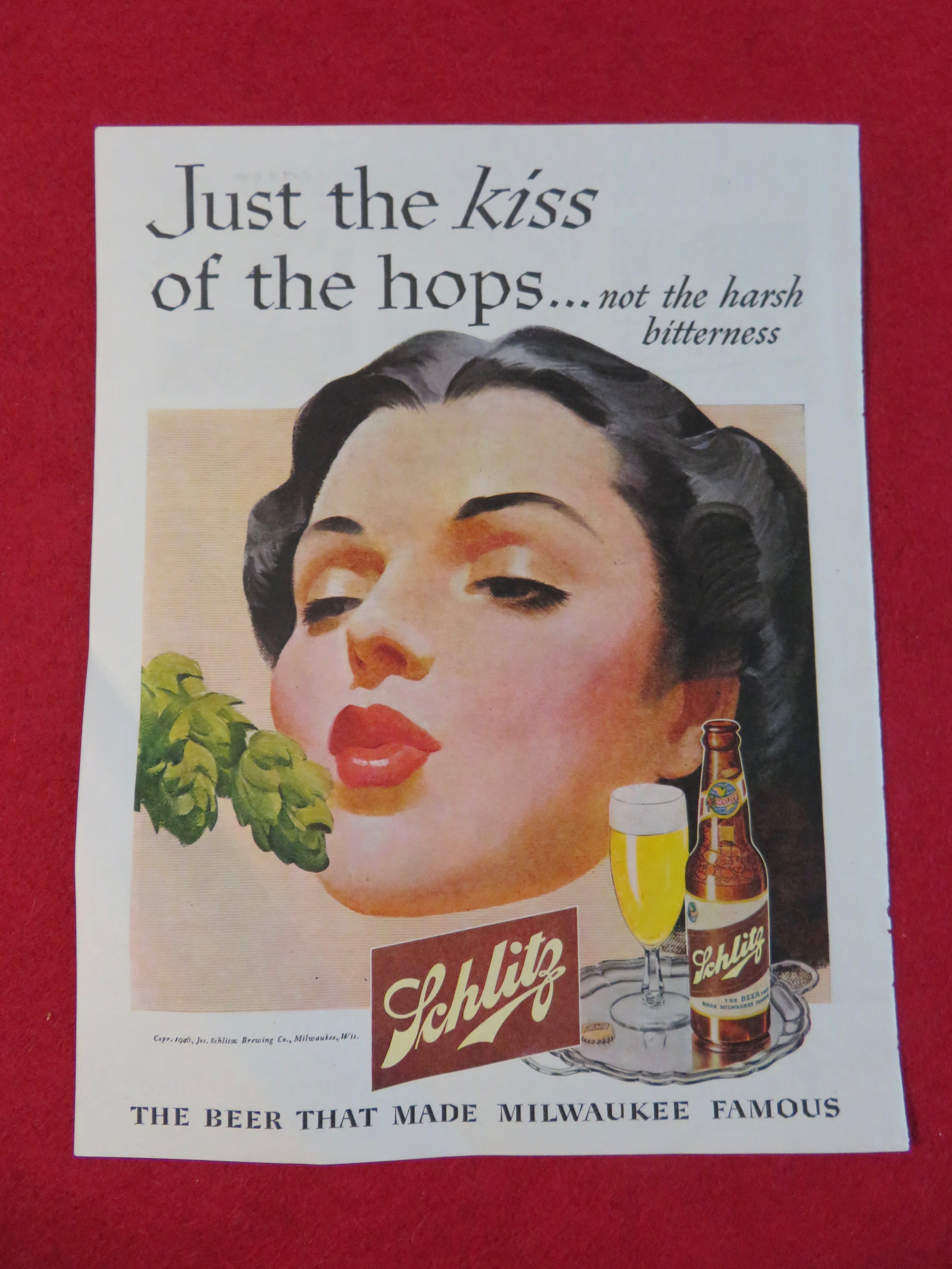 1946 Schlitz Beer with Woman Blowing a Kiss