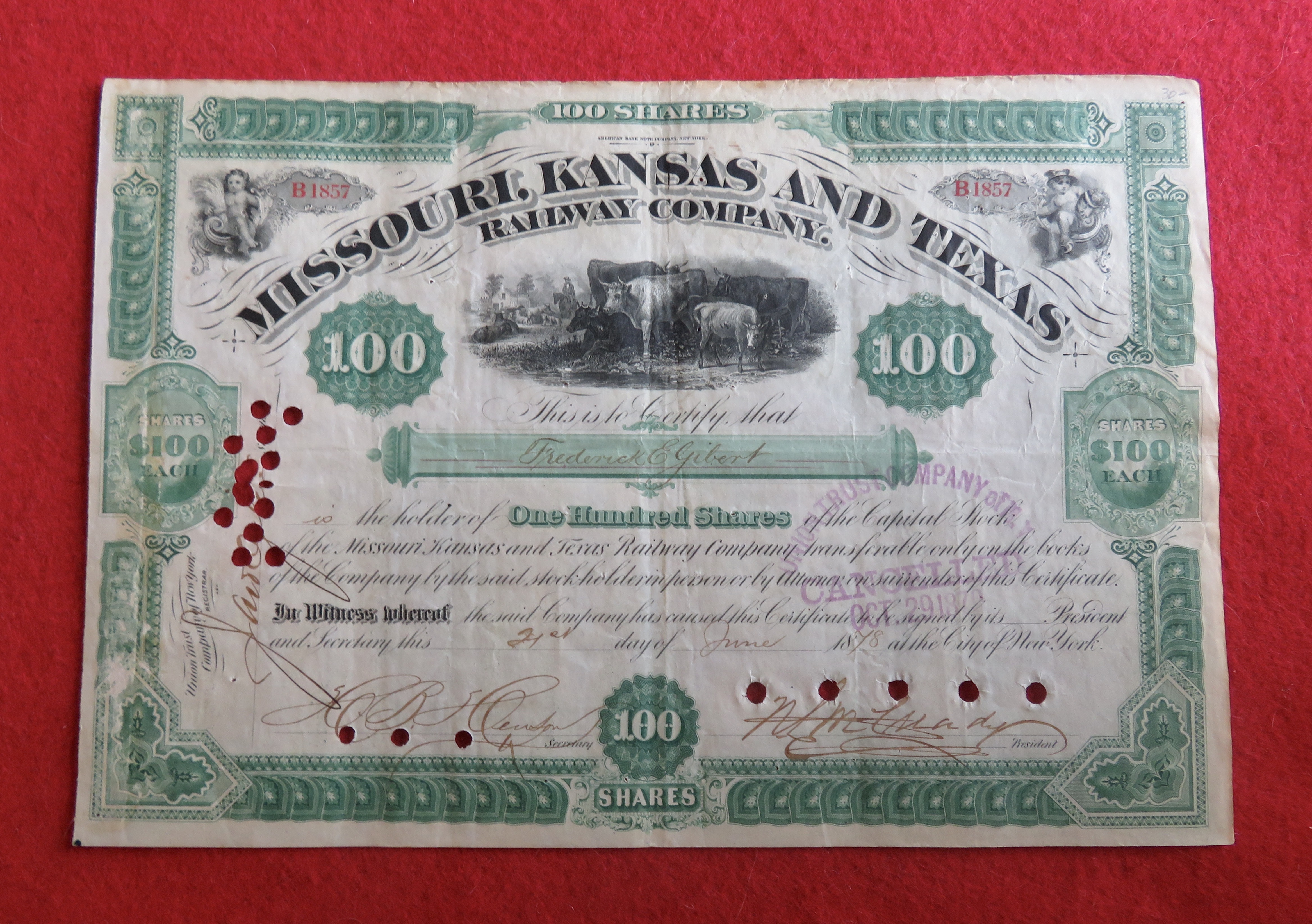 1878 Missouri, Kansas & Texas Railway Company Stock