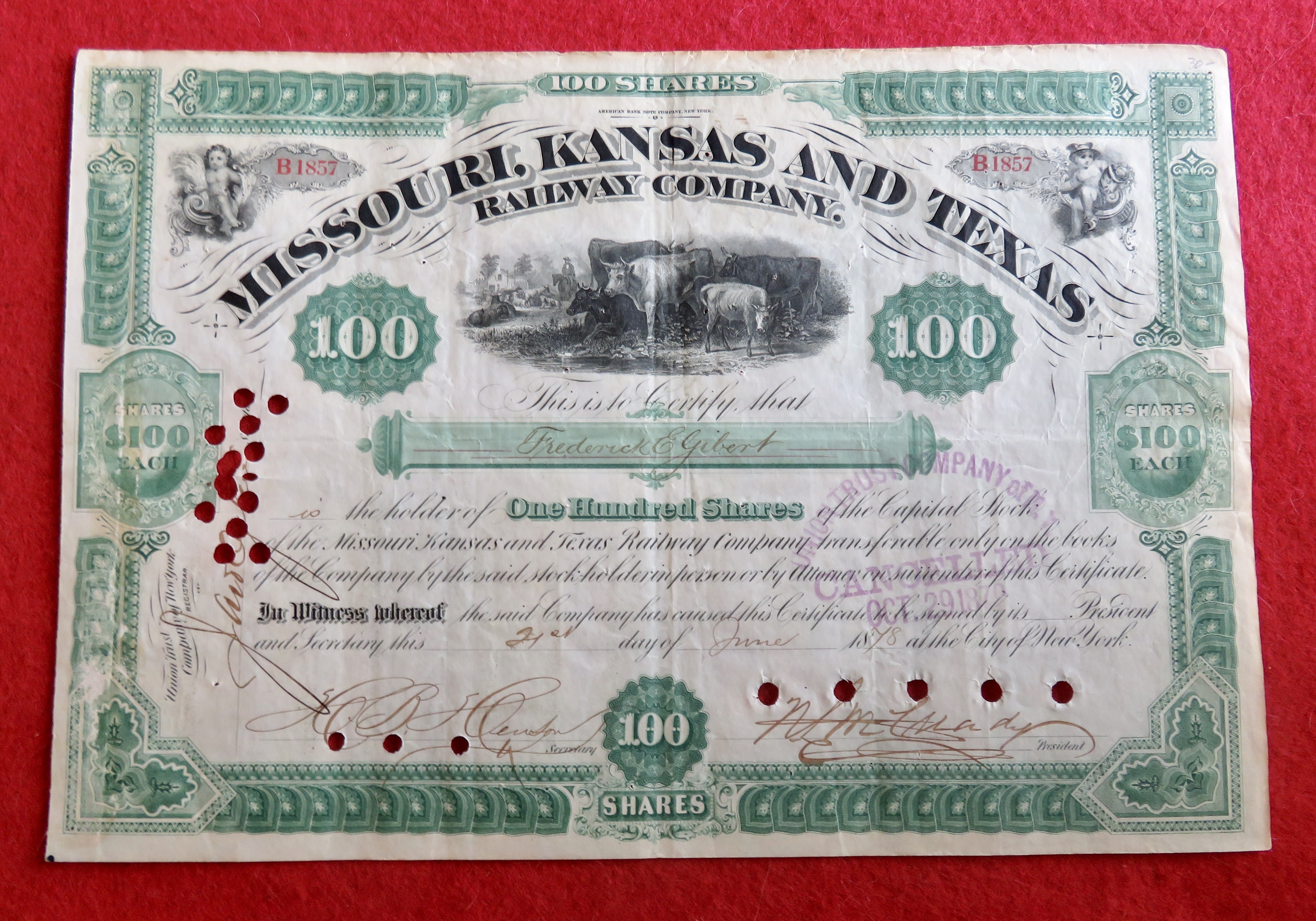1878 Missouri, Kansas & Texas Railway Company Stock