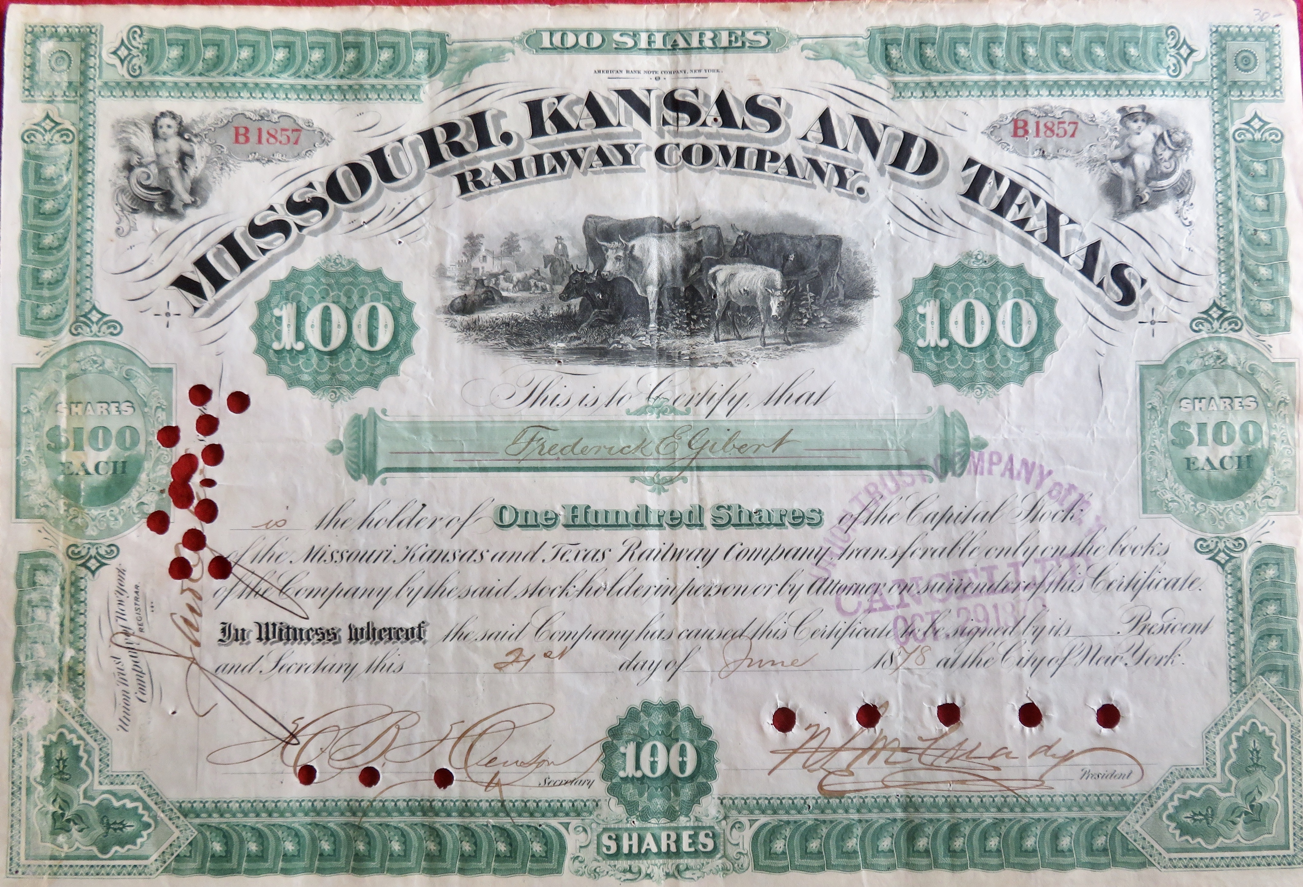 1878 Missouri, Kansas & Texas Railway Company Stock