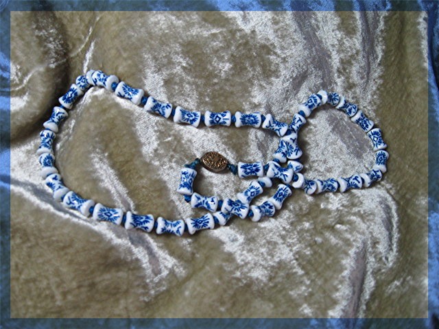 Chinese Porcelain Bead Necklace Sterling Silver Clasp