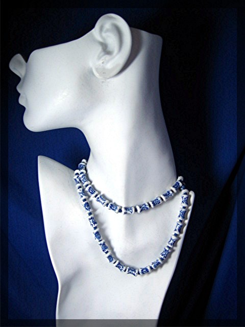 Chinese Porcelain Bead Necklace Sterling Silver Clasp