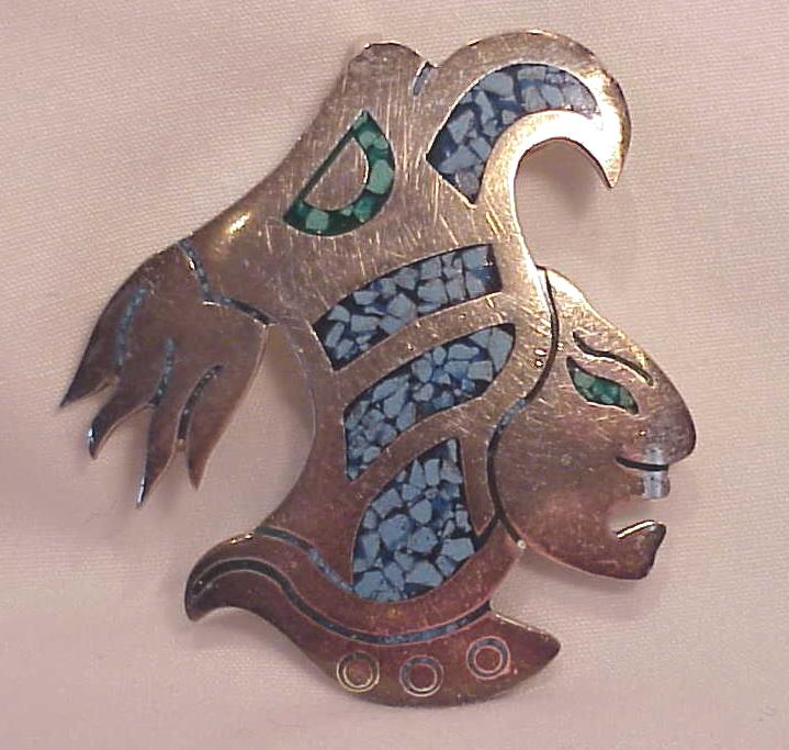 Signed Taxco Mexican Sterling Silver Inlaid Turquoise Warrior Brooch