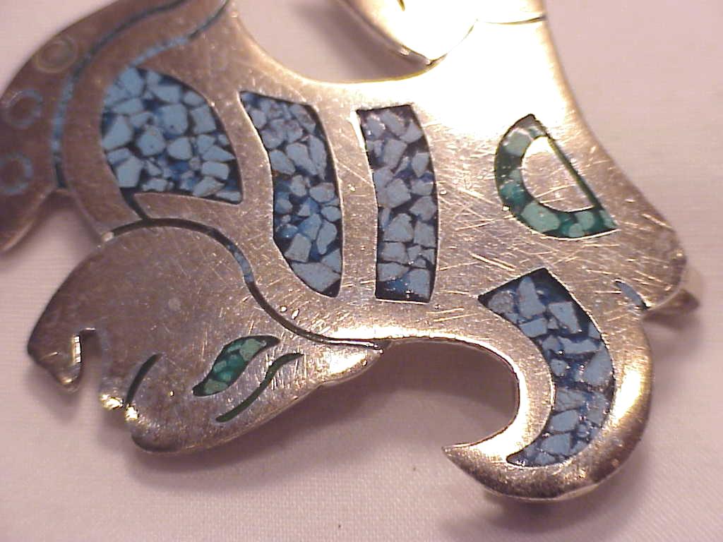 Signed Taxco Mexican Sterling Silver Inlaid Turquoise Warrior Brooch