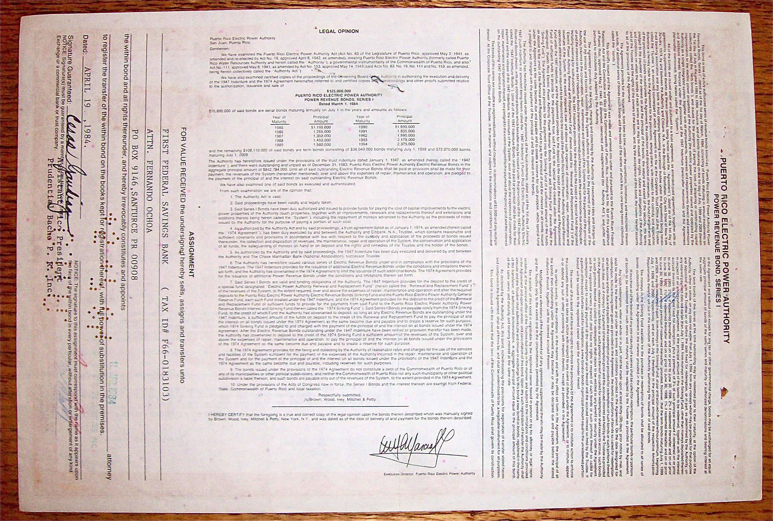 1984 Puerto Rico Electric Power Authority $1,000,000