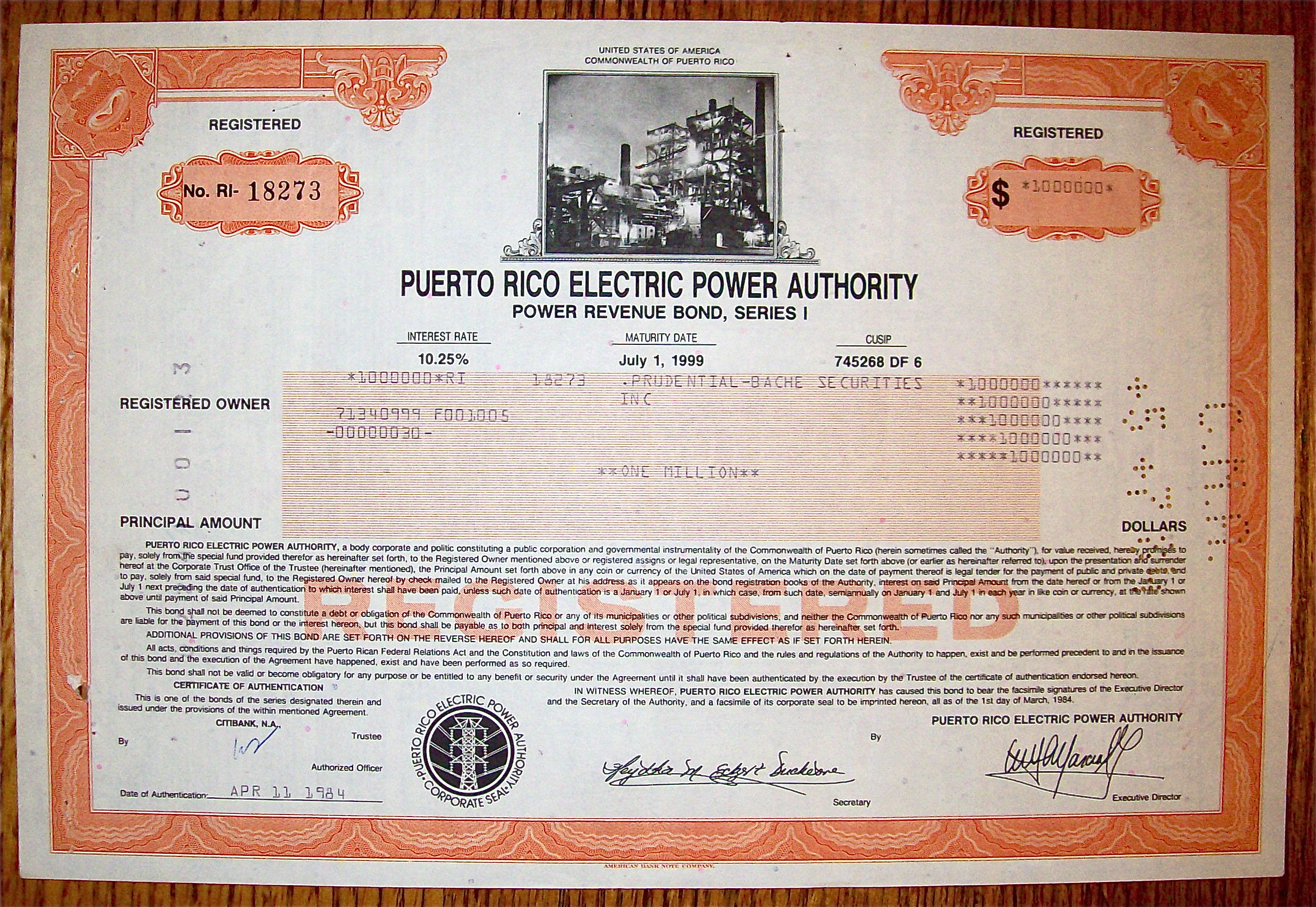 1984 Puerto Rico Electric Power Authority $1,000,000