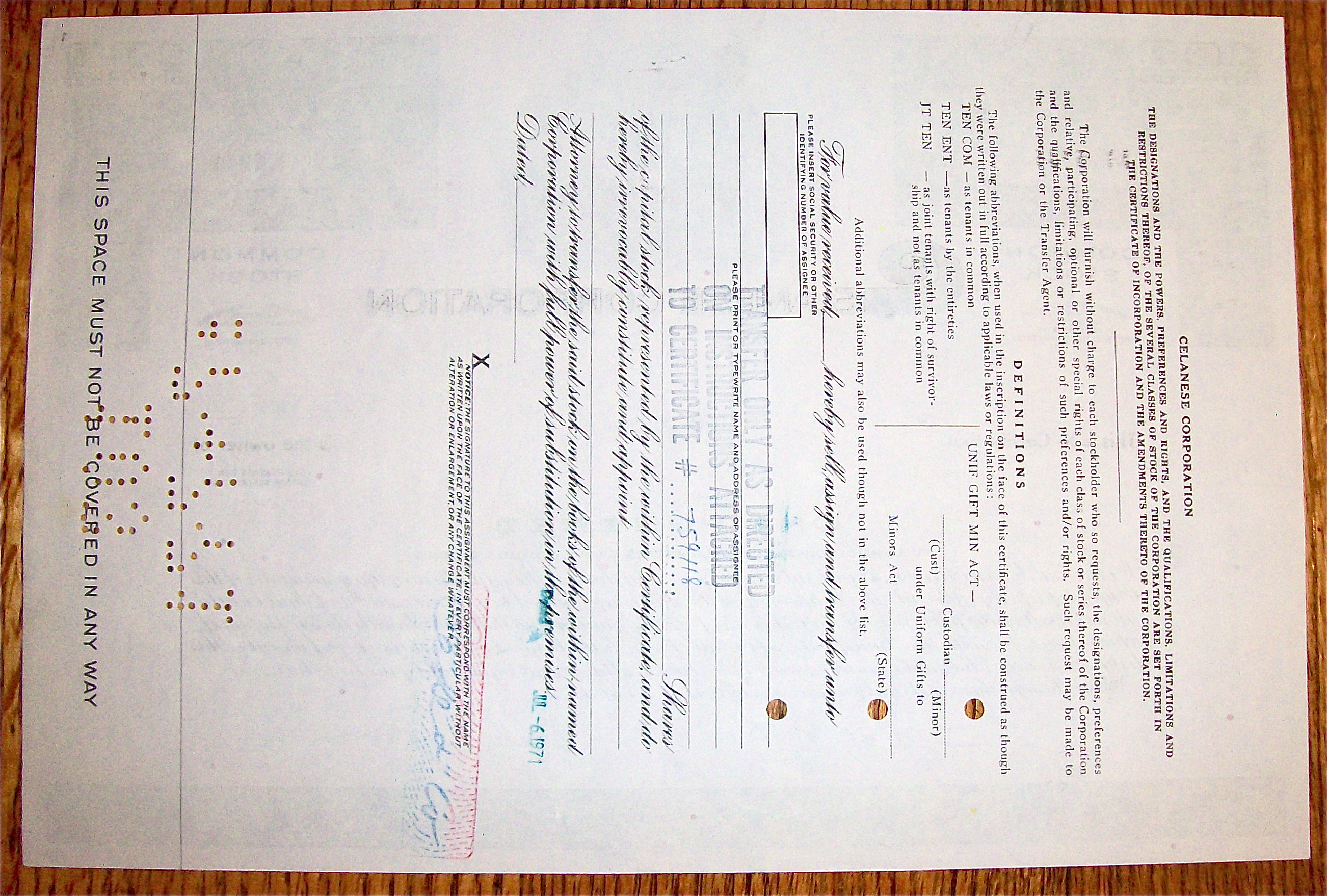 1971 Celanese Corporation Stock Certificate
