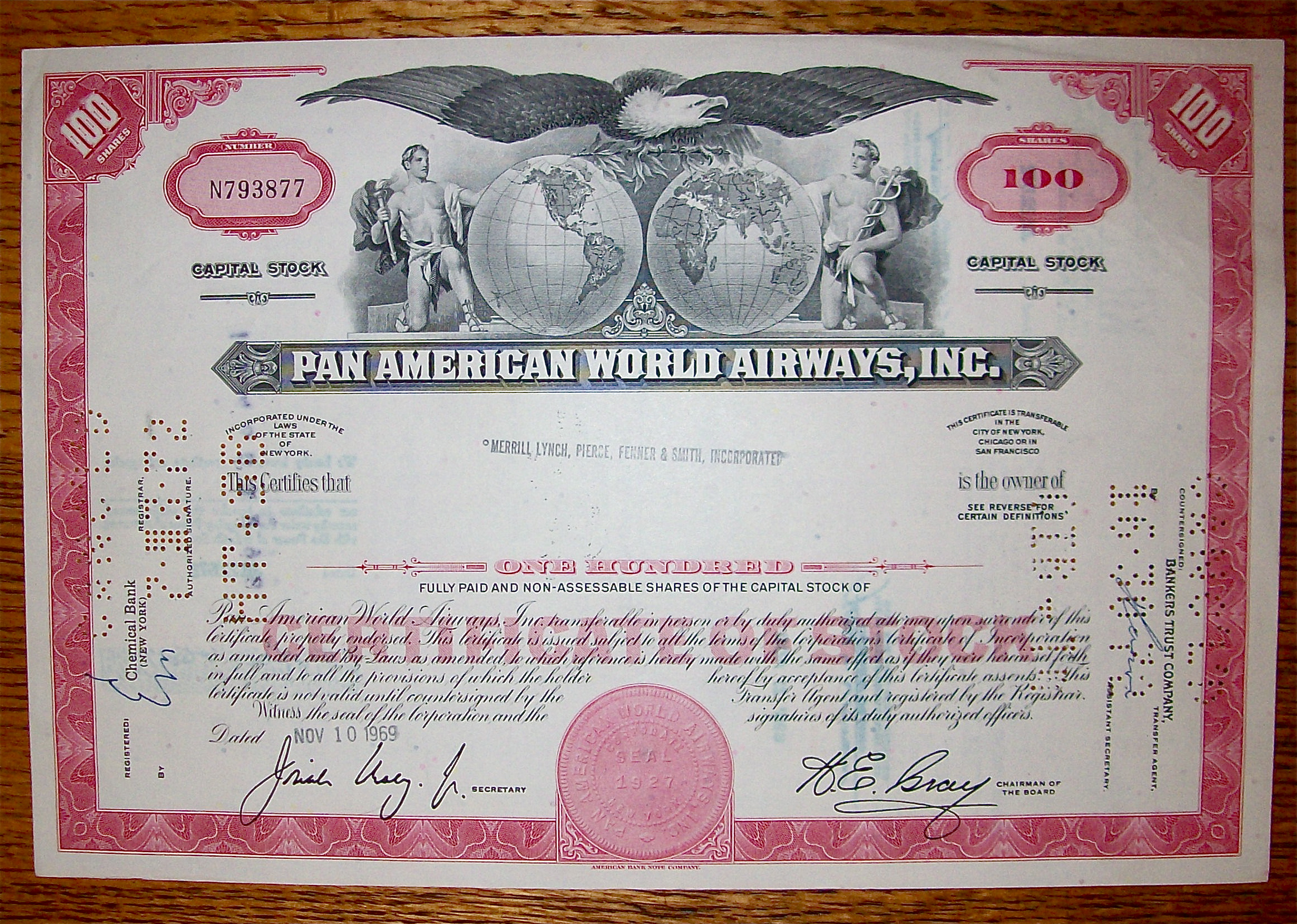 1969 Pan American World Airways Stock Certificate