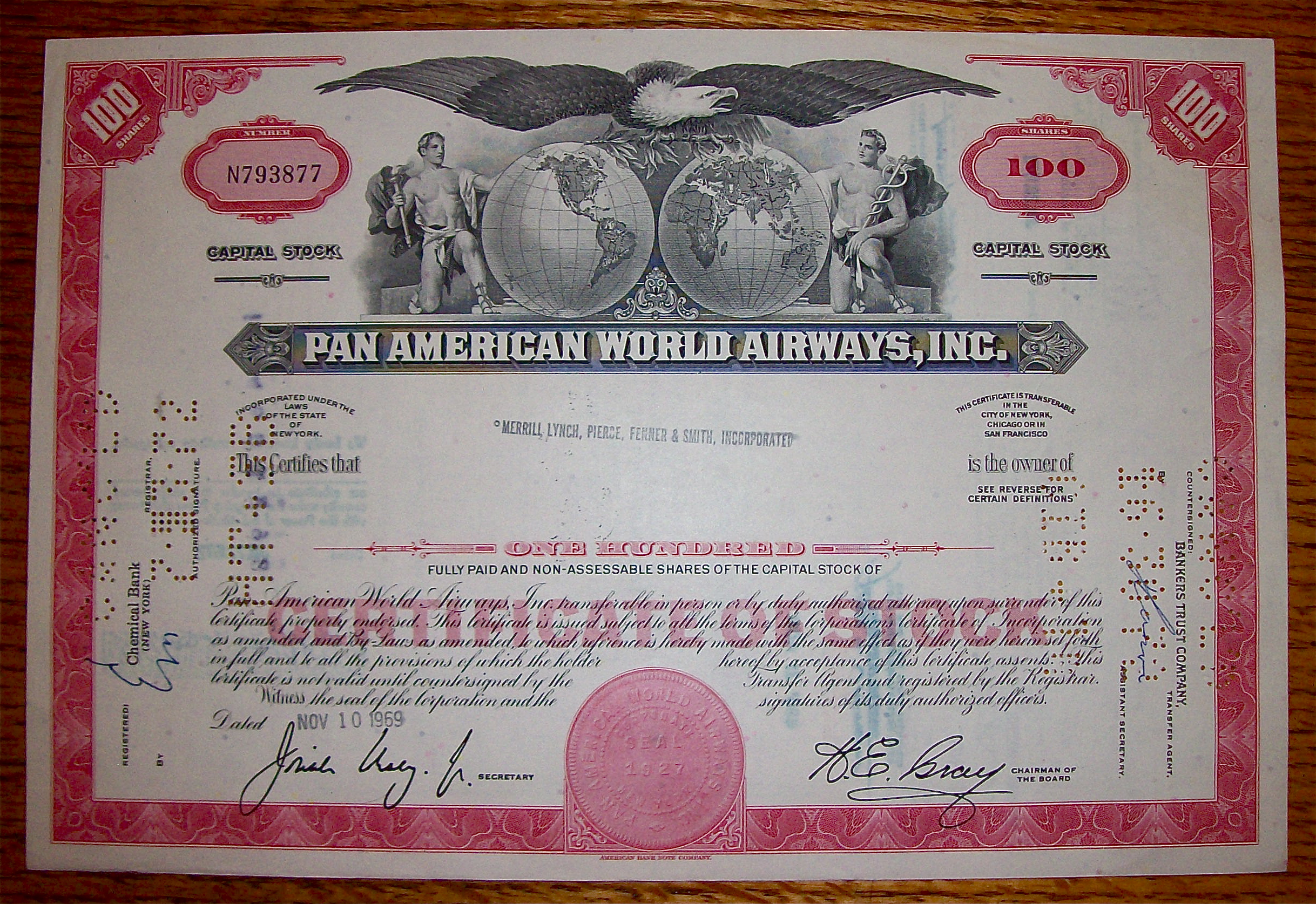 1969 Pan American World Airways Stock Certificate