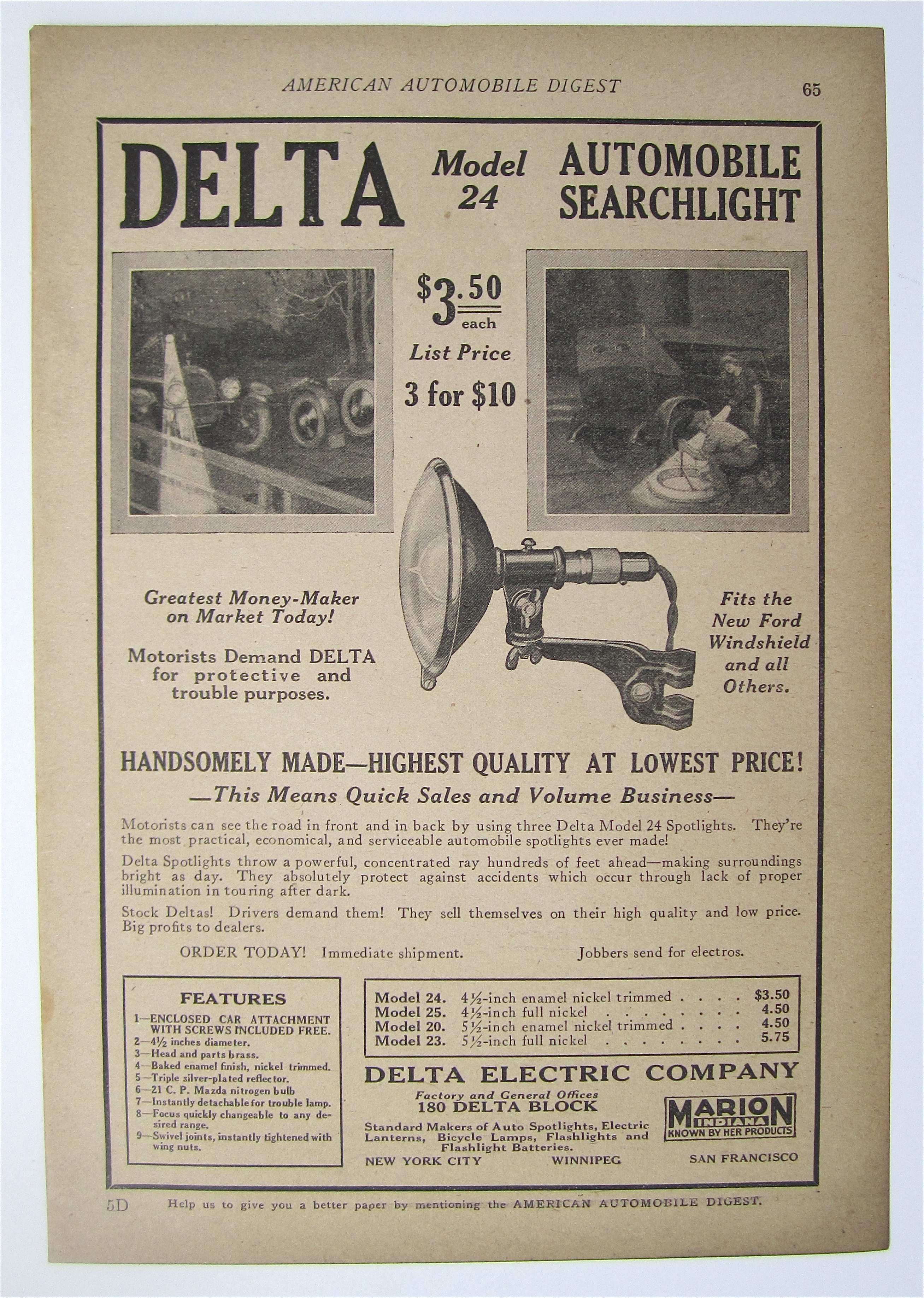1923 Delta Model 24 Automobile Searchlight with Light