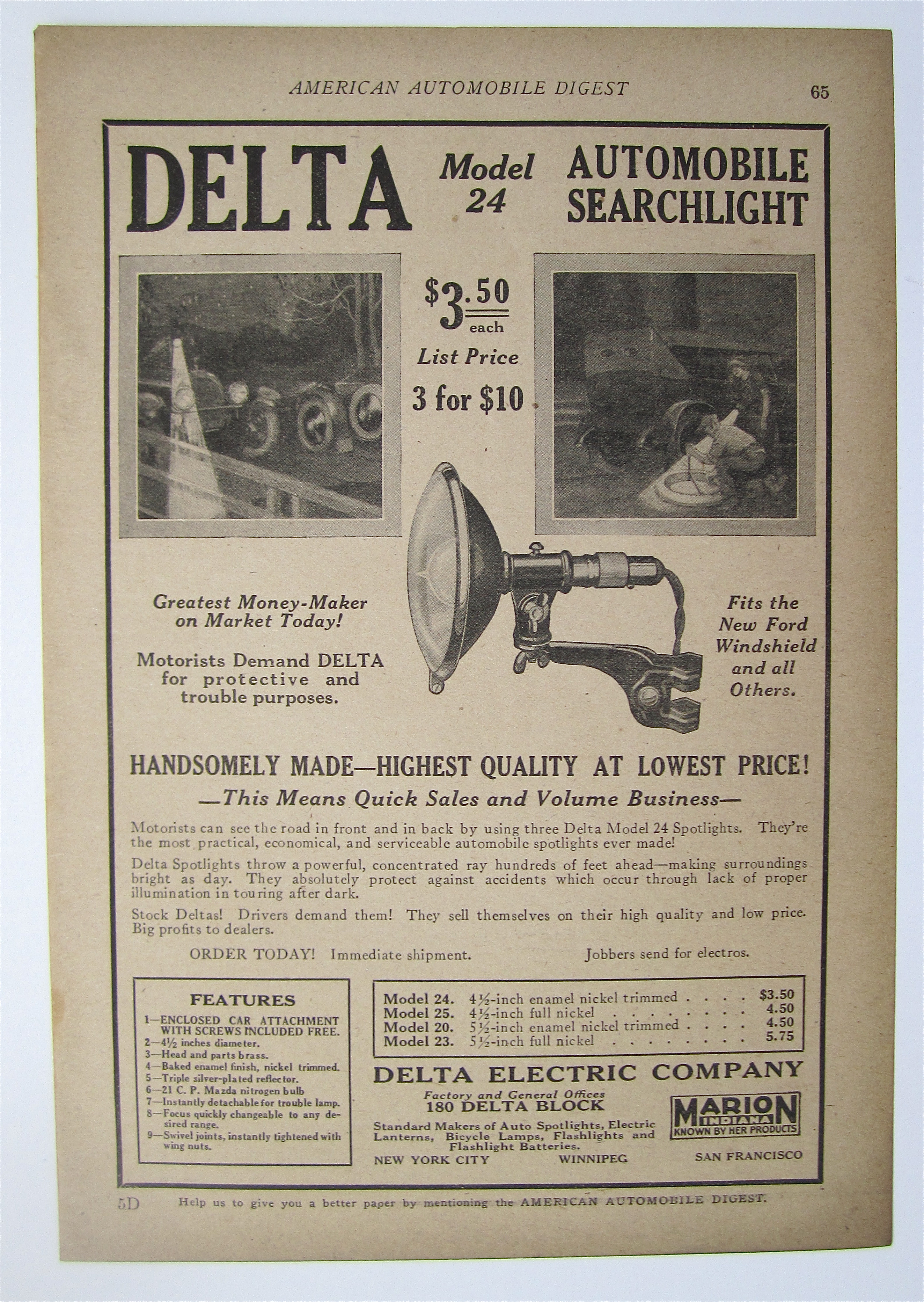 1923 Delta Model 24 Automobile Searchlight with Light