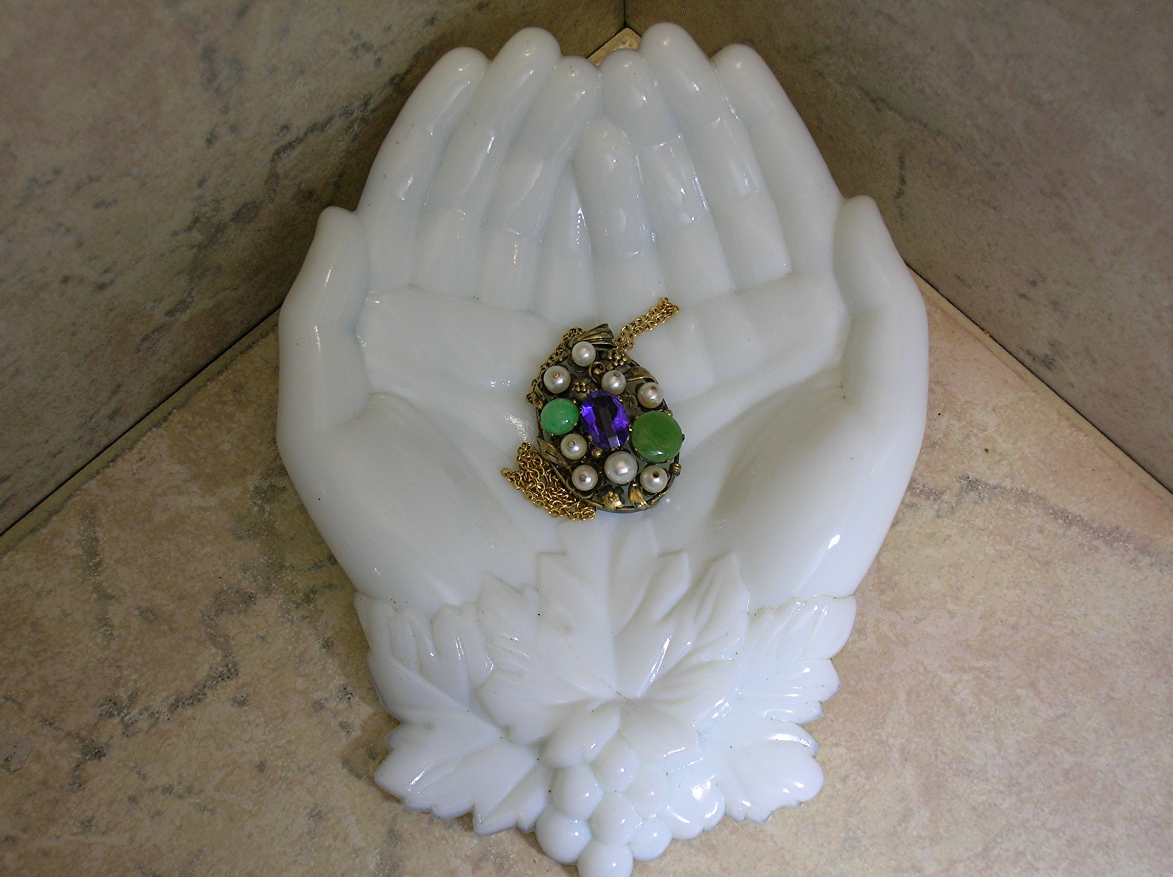 10K Gold Sterling Pearl, Amethyst, Jade Pendant