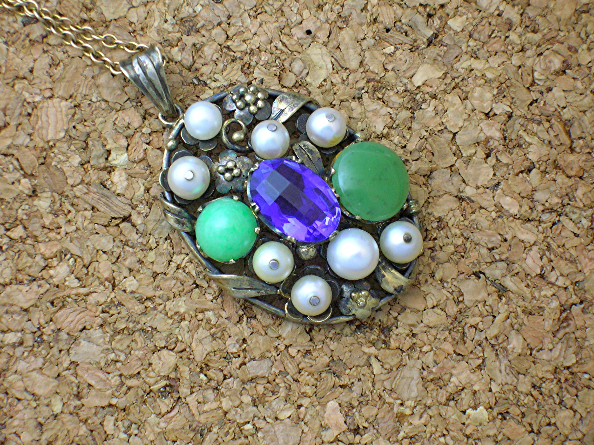 10K Gold Sterling Pearl, Amethyst, Jade Pendant