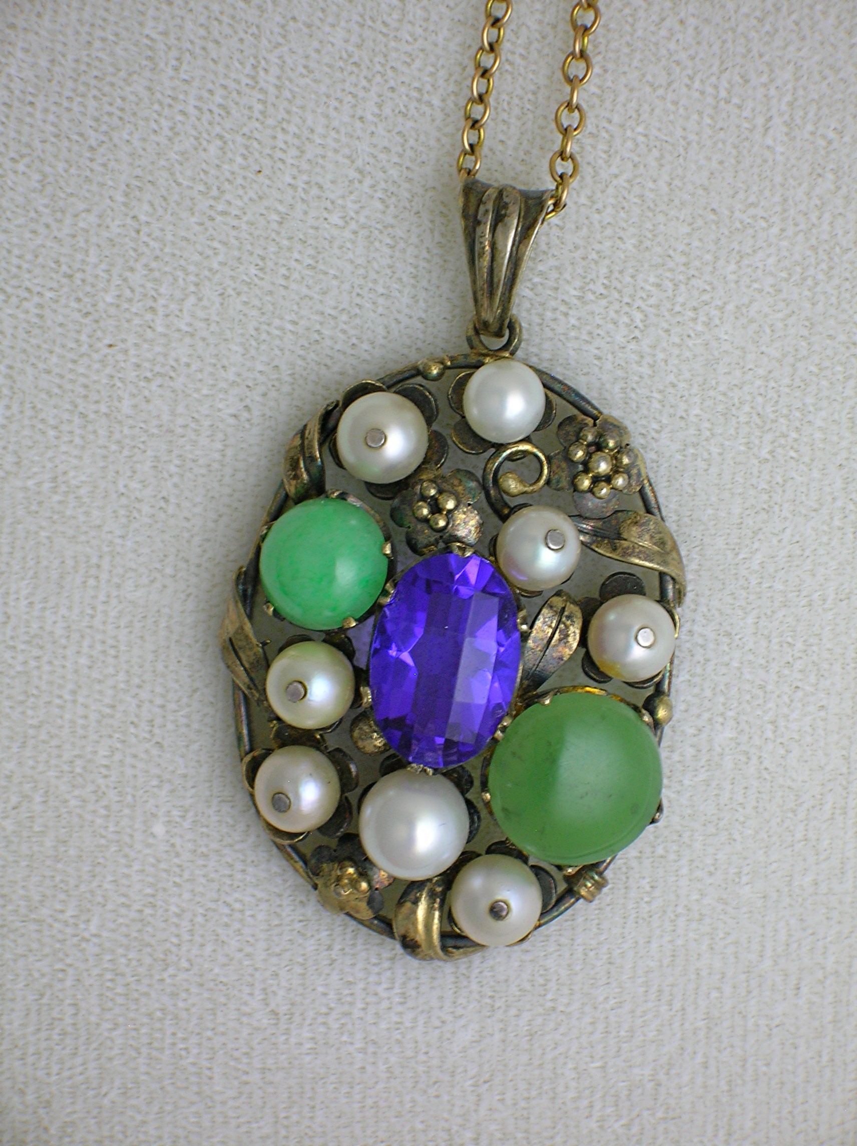 10K Gold Sterling Pearl, Amethyst, Jade Pendant