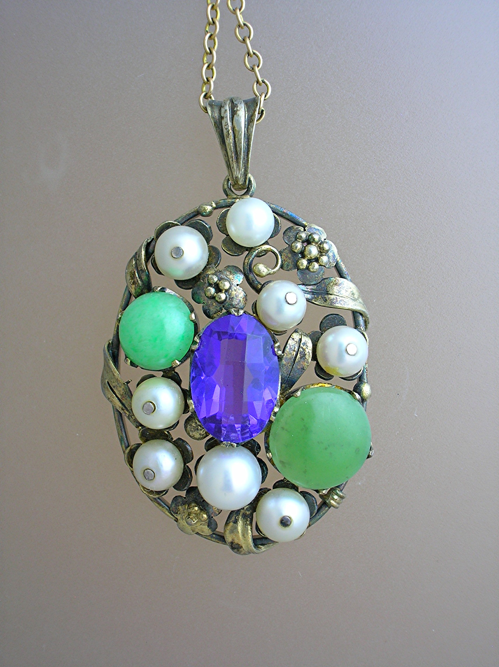 10K Gold Sterling Pearl, Amethyst, Jade Pendant