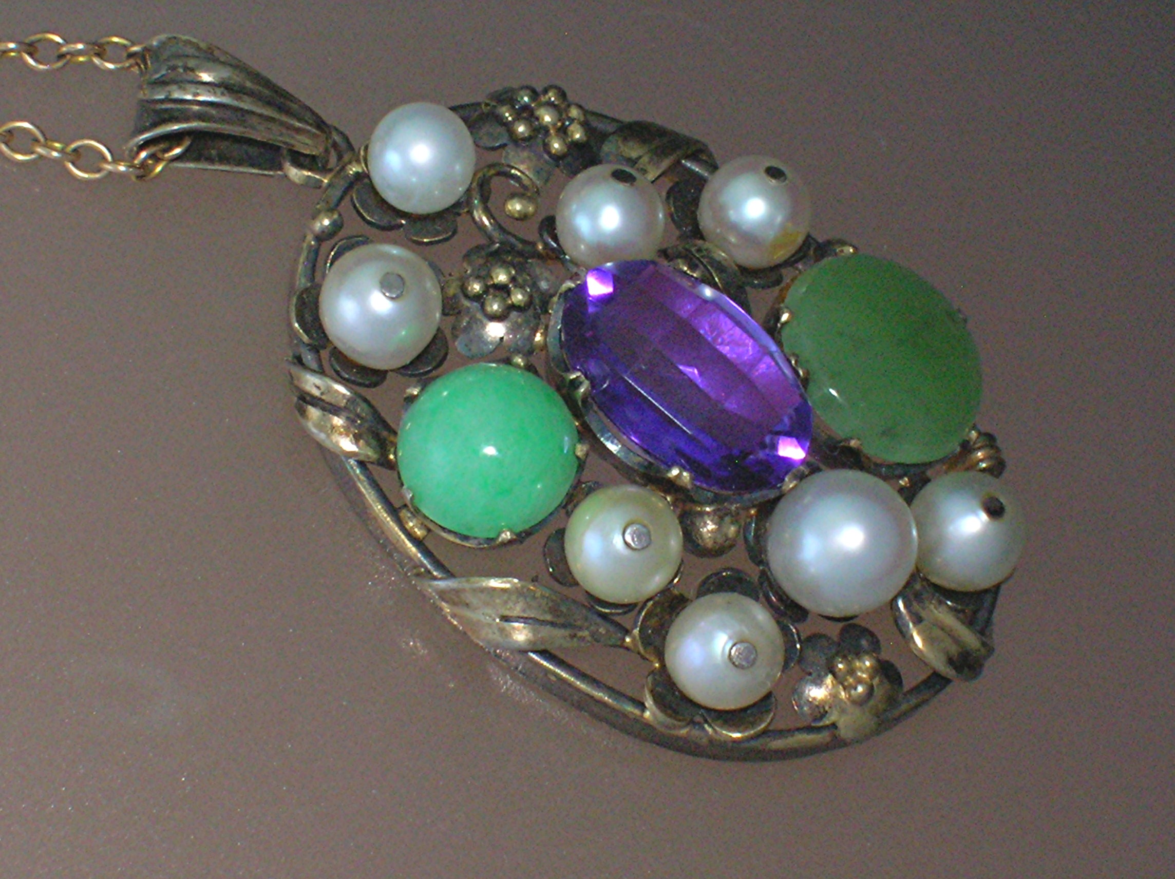10K Gold Sterling Pearl, Amethyst, Jade Pendant
