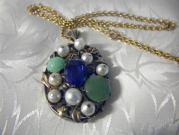 10K Gold Sterling Pearl, Amethyst, Jade Pendant